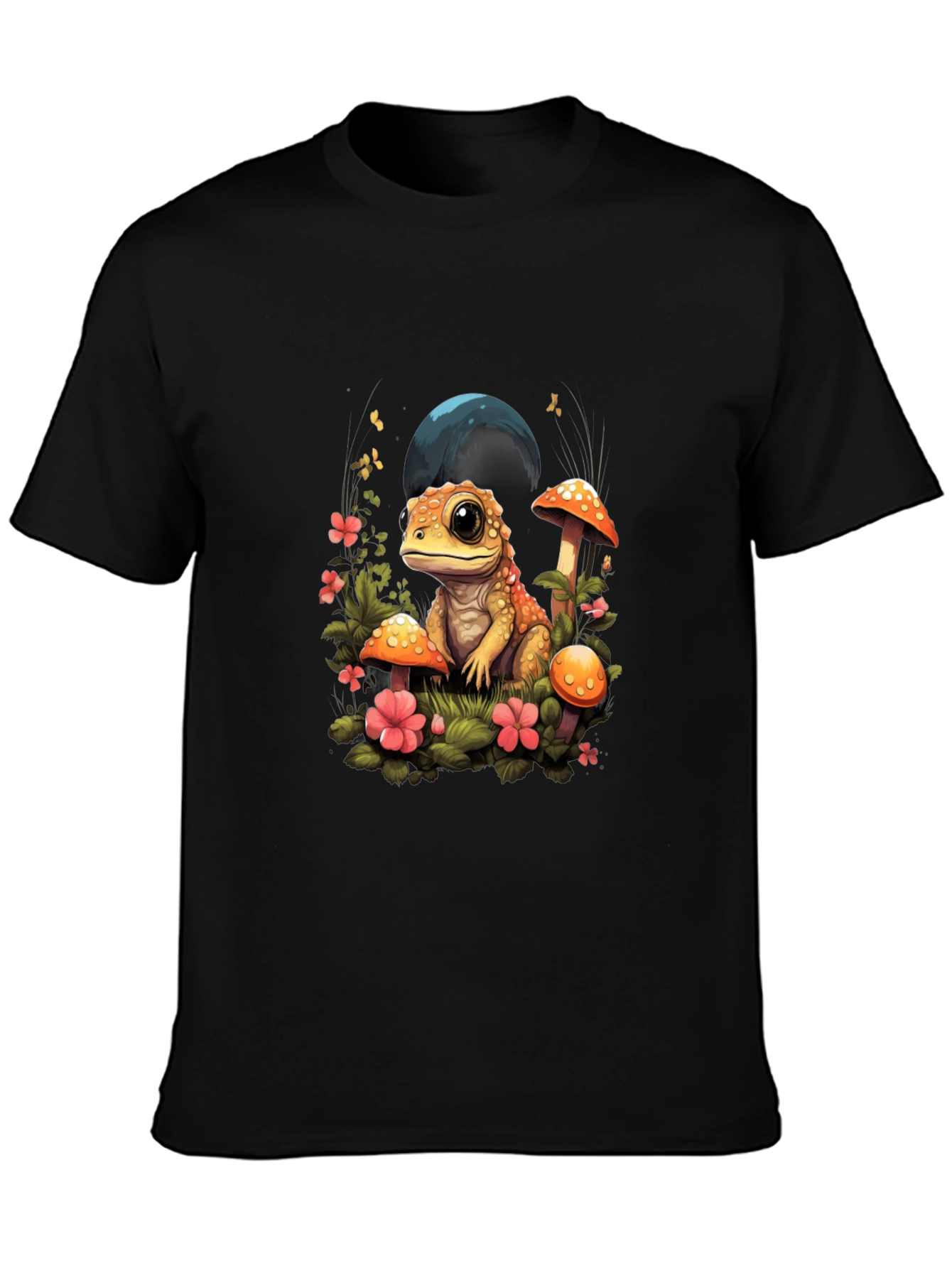 Cute Frog Mushroom Graphic Tee - Unisex Black T-Shirt