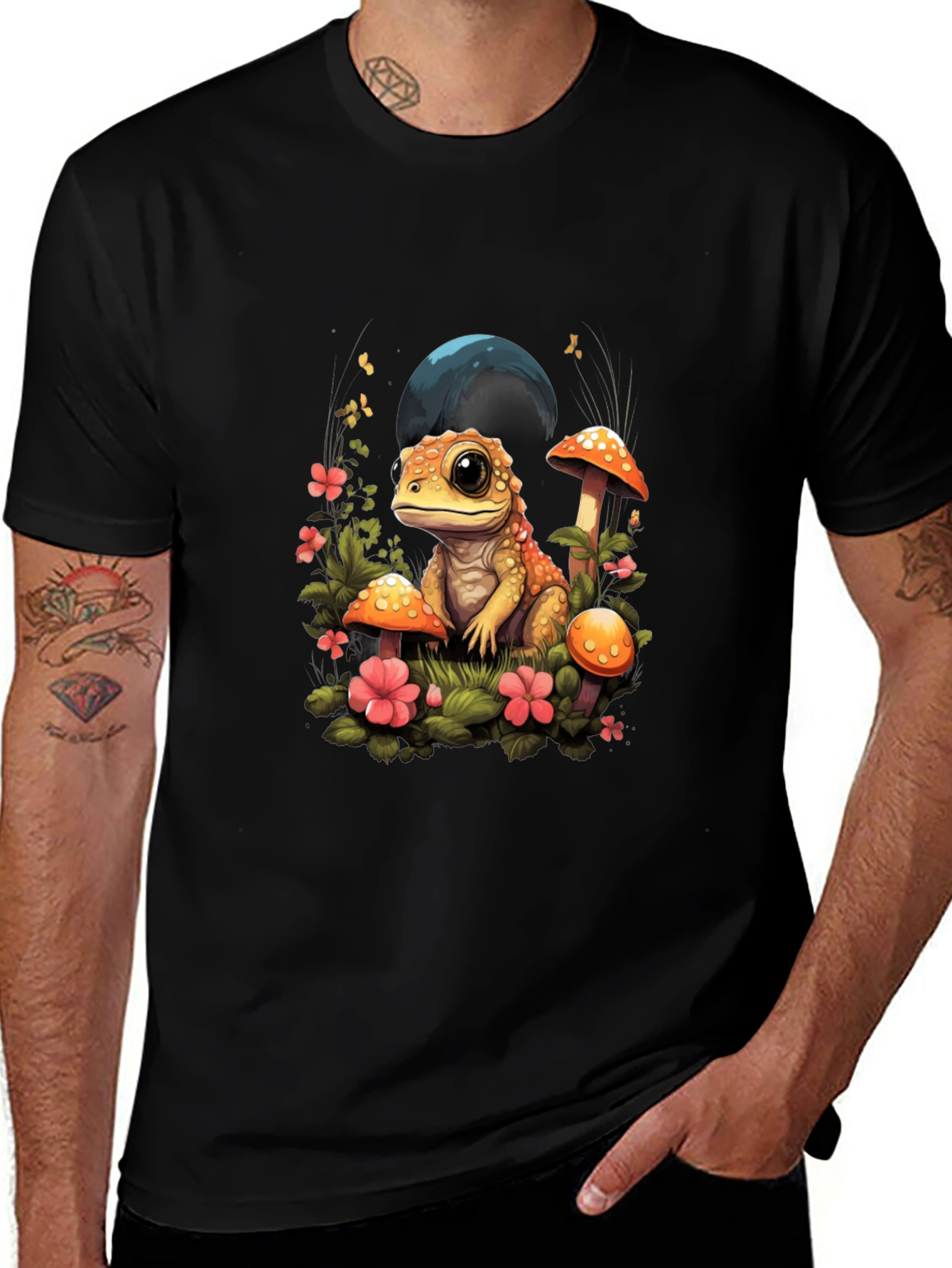 Cute Frog Mushroom Graphic Tee - Unisex Black T-Shirt