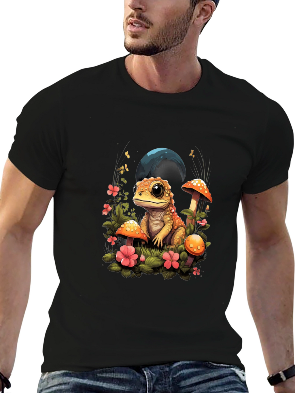 Cute Frog Mushroom Graphic Tee - Unisex Black T-Shirt