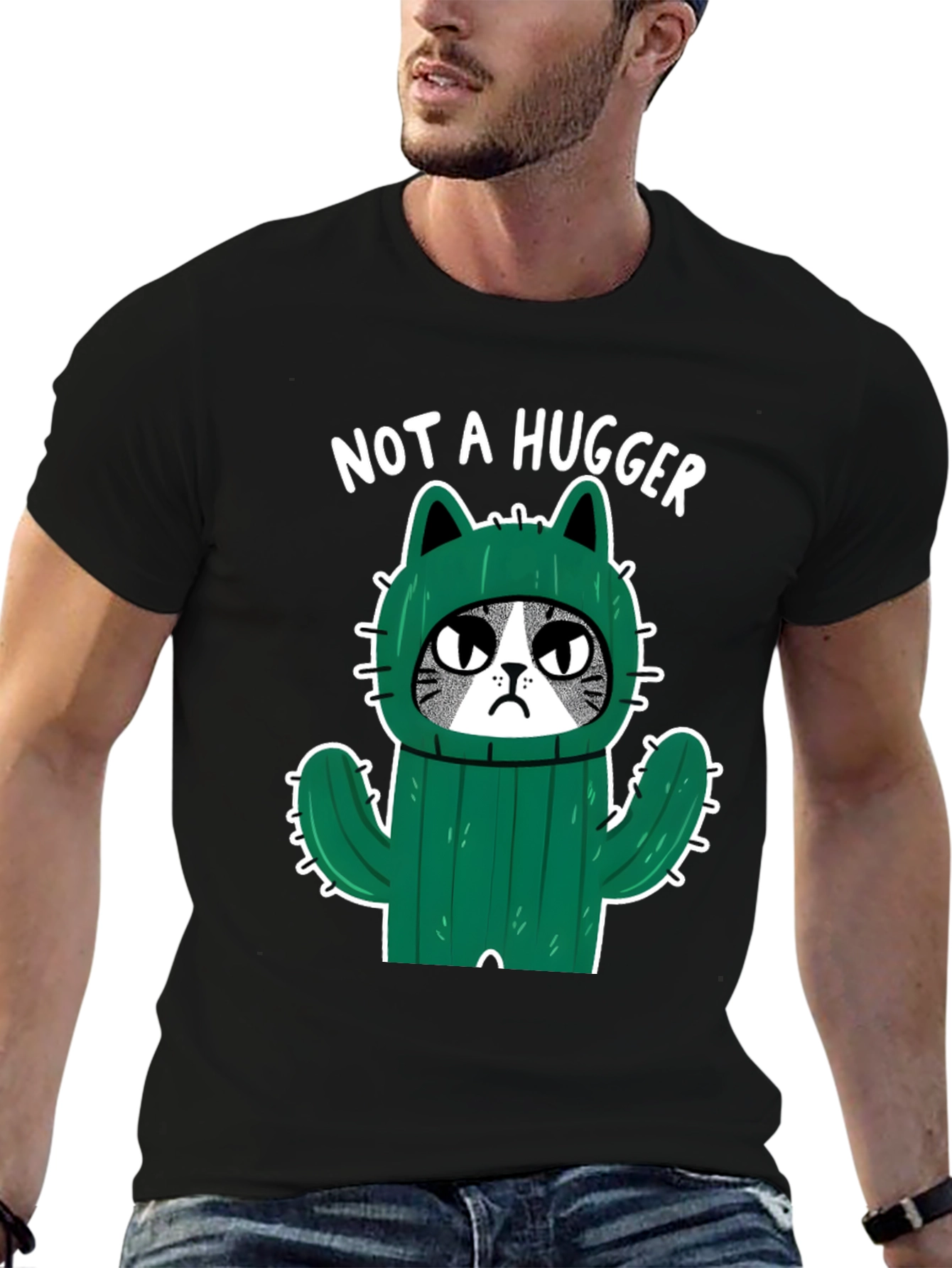 Not A Hugger Cat Cactus Graphic T-Shirt
