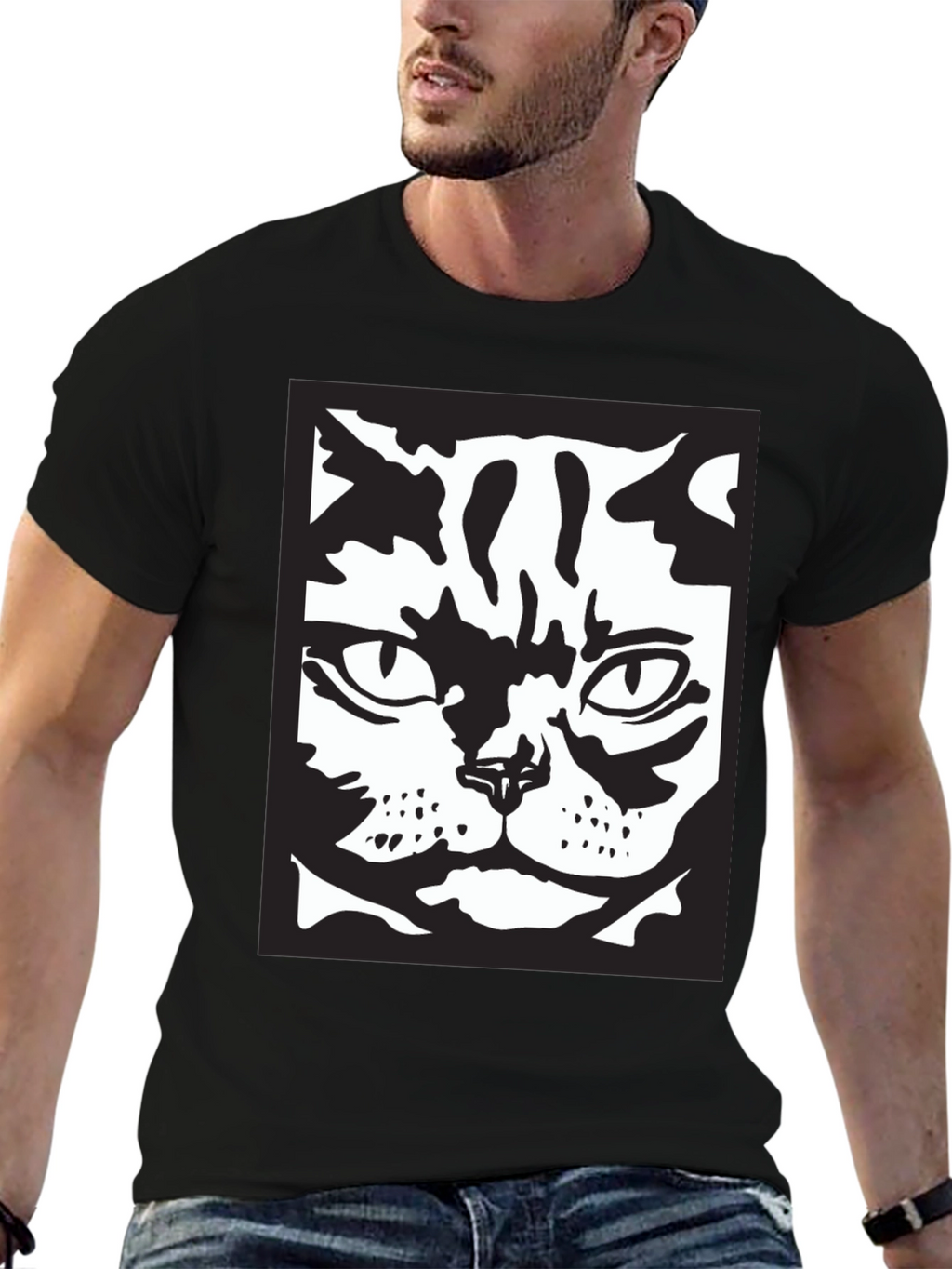 Cool Cat Face Graphic Black T-Shirt