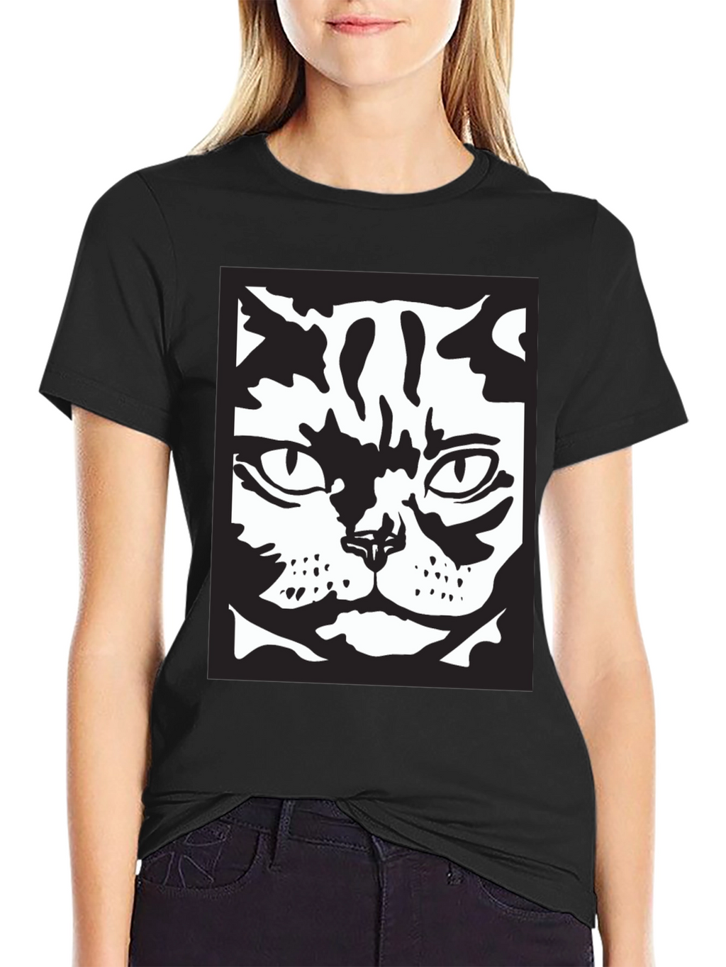 Cool Cat Face Graphic Black T-Shirt