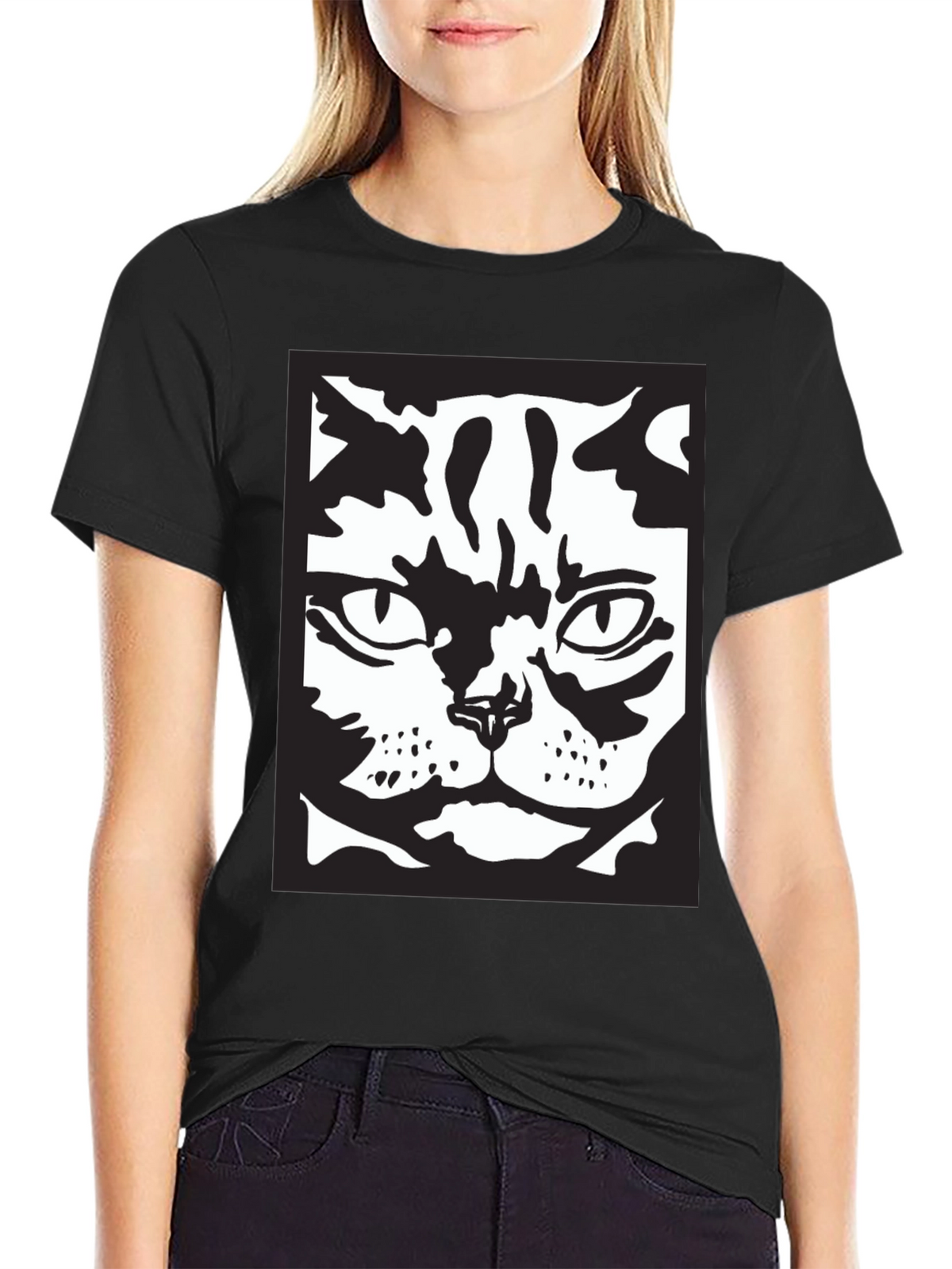 Cool Cat Face Graphic Black T-Shirt