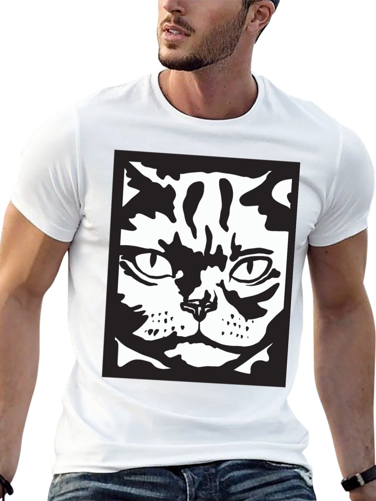 Cool Cat Face Graphic Black T-Shirt