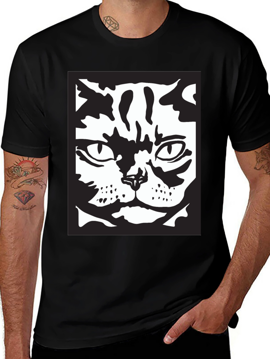 Cool Cat Face Graphic Black T-Shirt