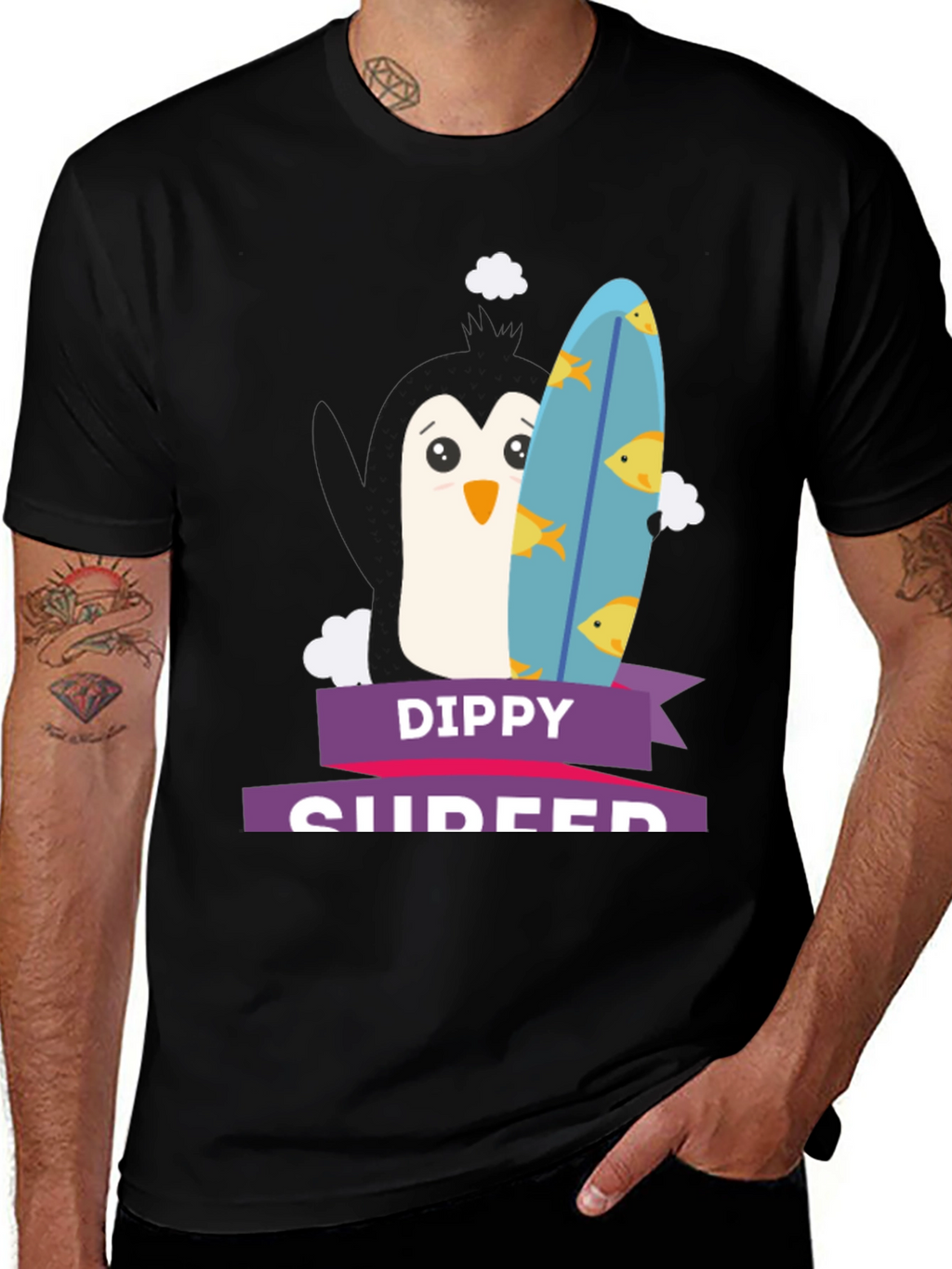 Dippy Surfer Tee - Penguin with Surfboard