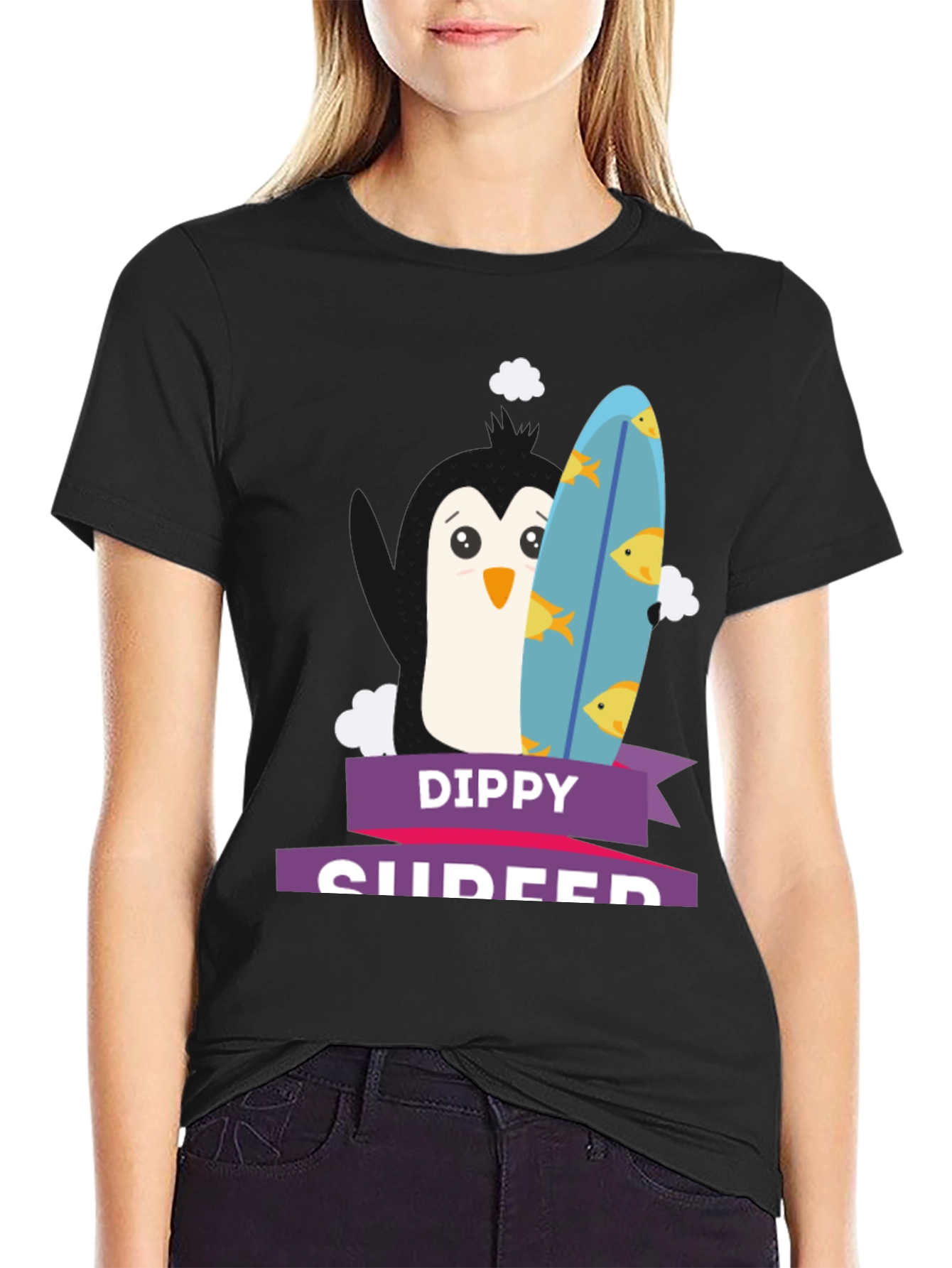 Dippy Surfer Tee - Penguin with Surfboard