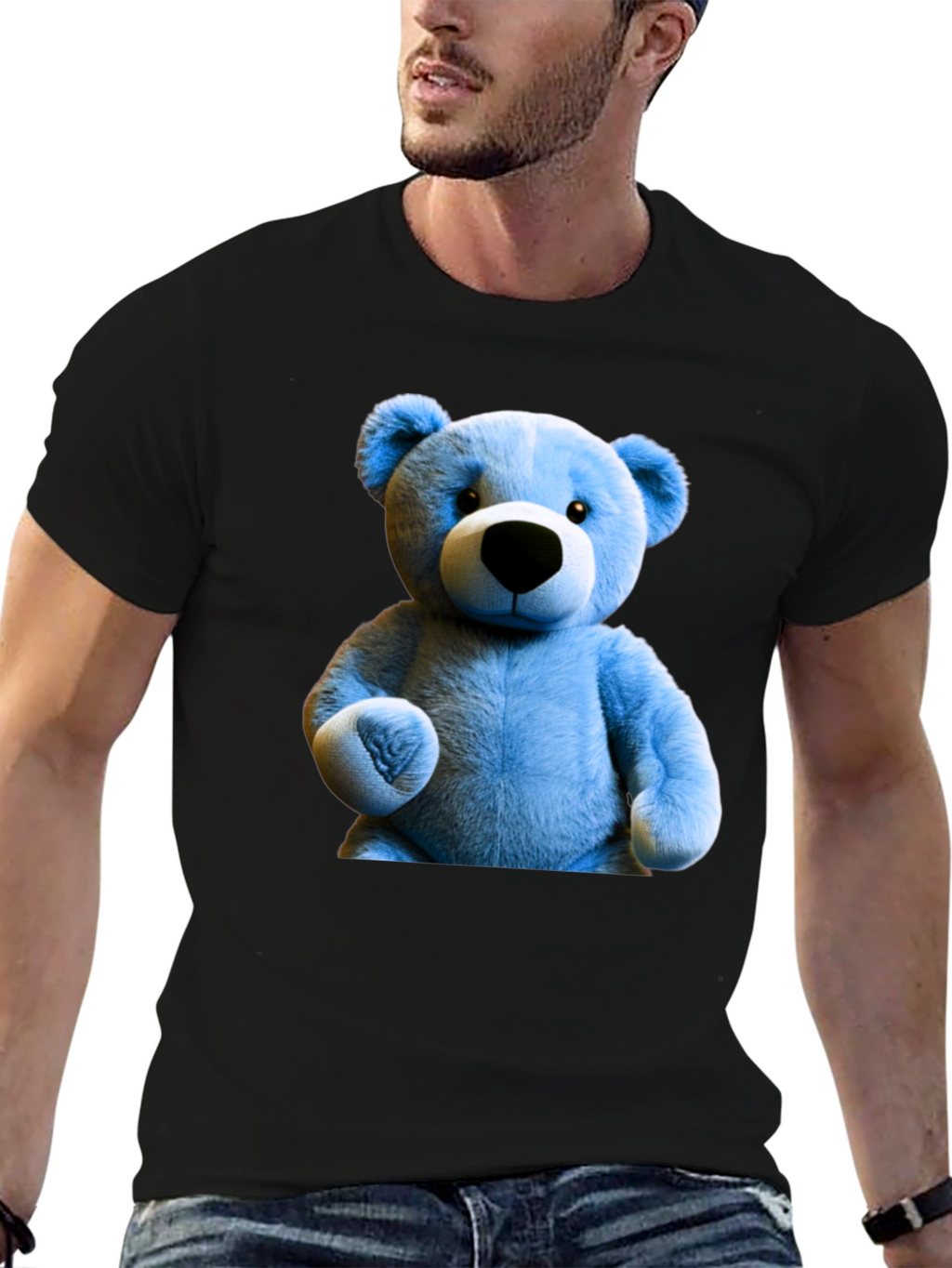 Blue Teddy Bear Graphic Tee - Mens Black T-Shirt