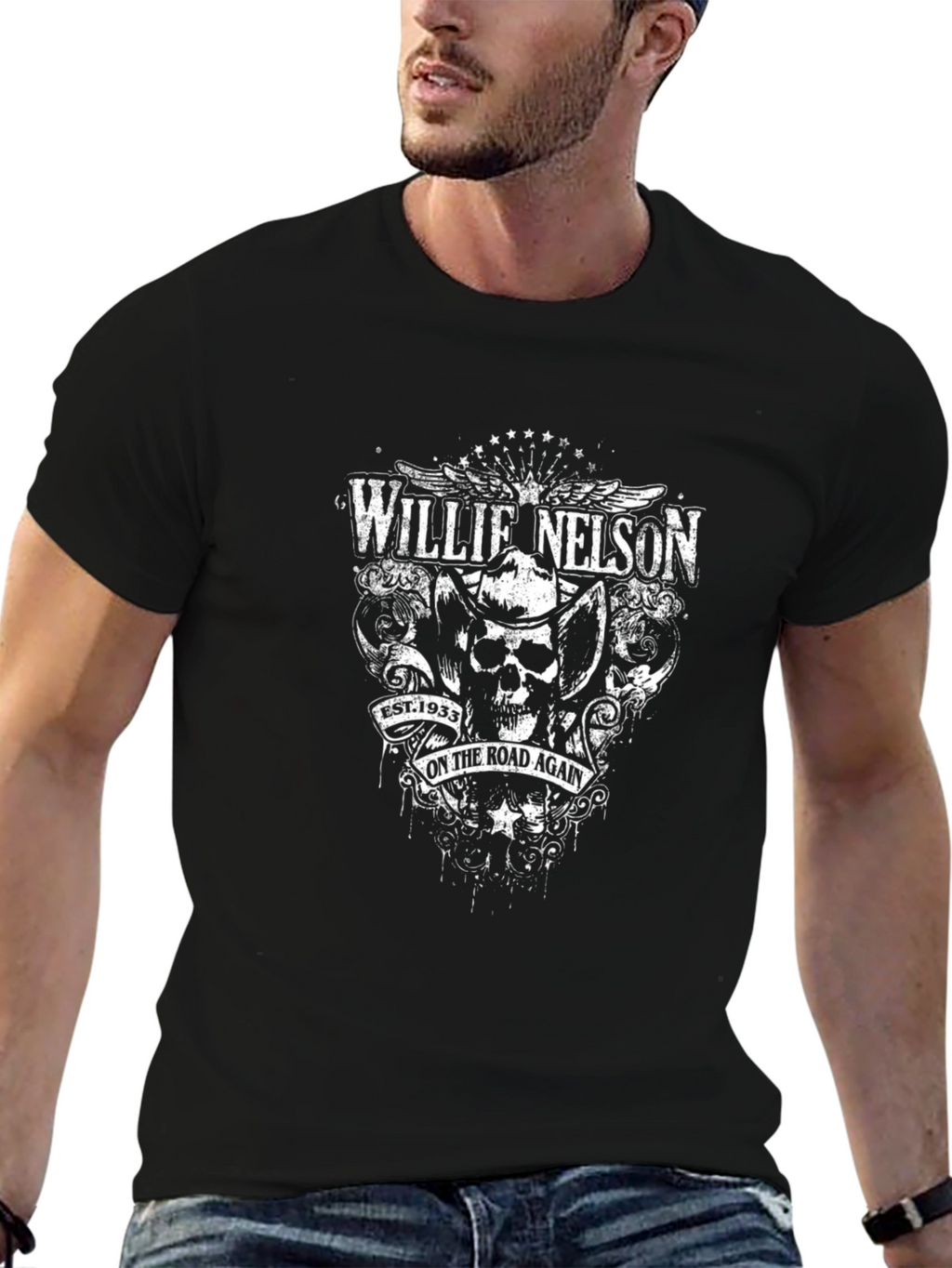 Willie Nelson On The Road Again Black T-Shirt