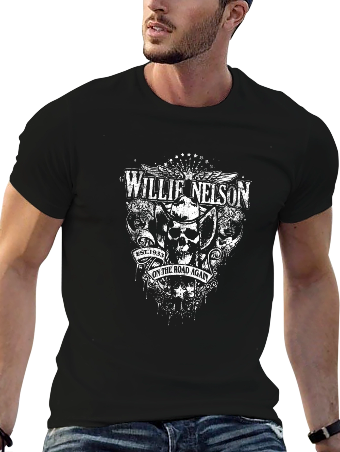 Willie Nelson On The Road Again Black T-Shirt