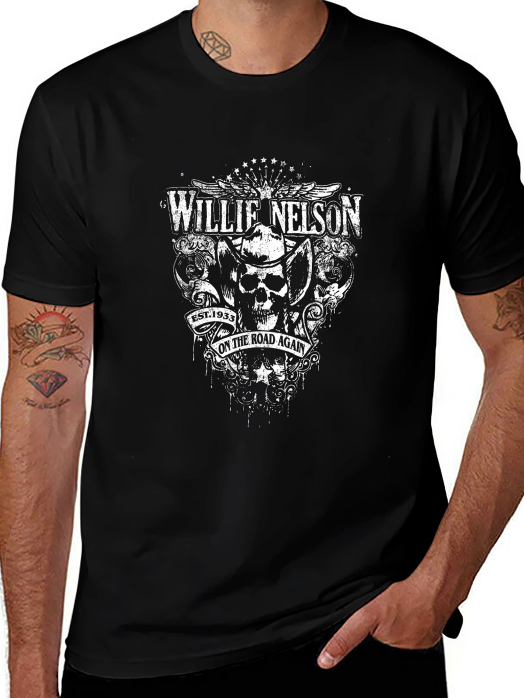 Willie Nelson On The Road Again Black T-Shirt
