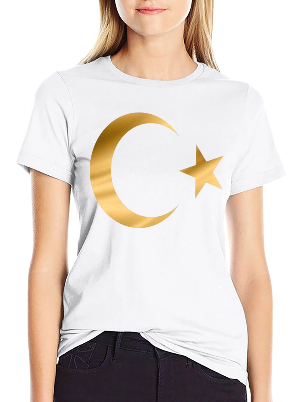Crescent Moon Star Graphic T-Shirt - Gold Print Design