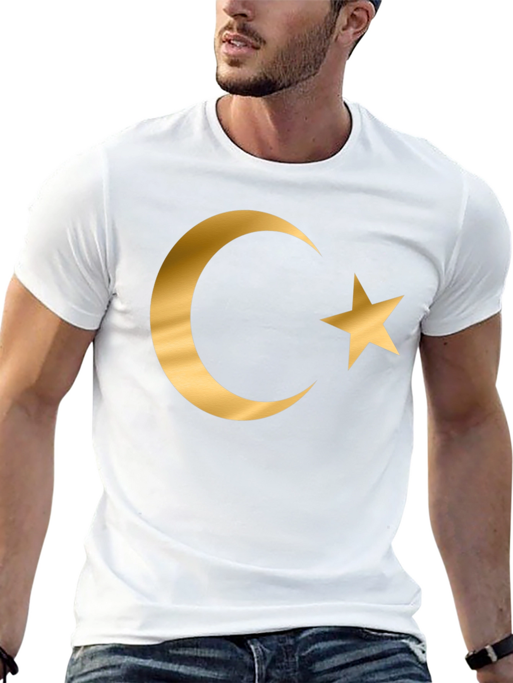 Crescent Moon Star Graphic T-Shirt - Gold Print Design