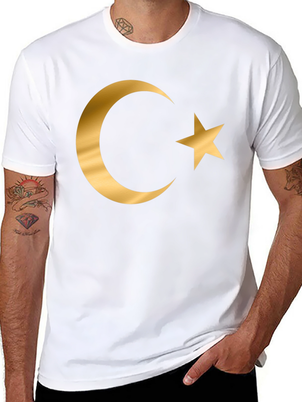 Crescent Moon Star Graphic T-Shirt - Gold Print Design