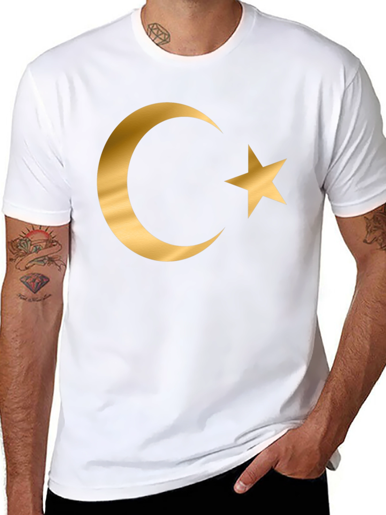 Crescent Moon Star Graphic T-Shirt - Gold Print Design