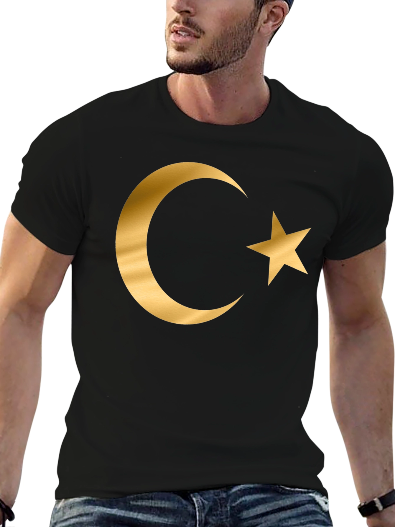 Crescent Moon Star Graphic T-Shirt - Gold Print Design