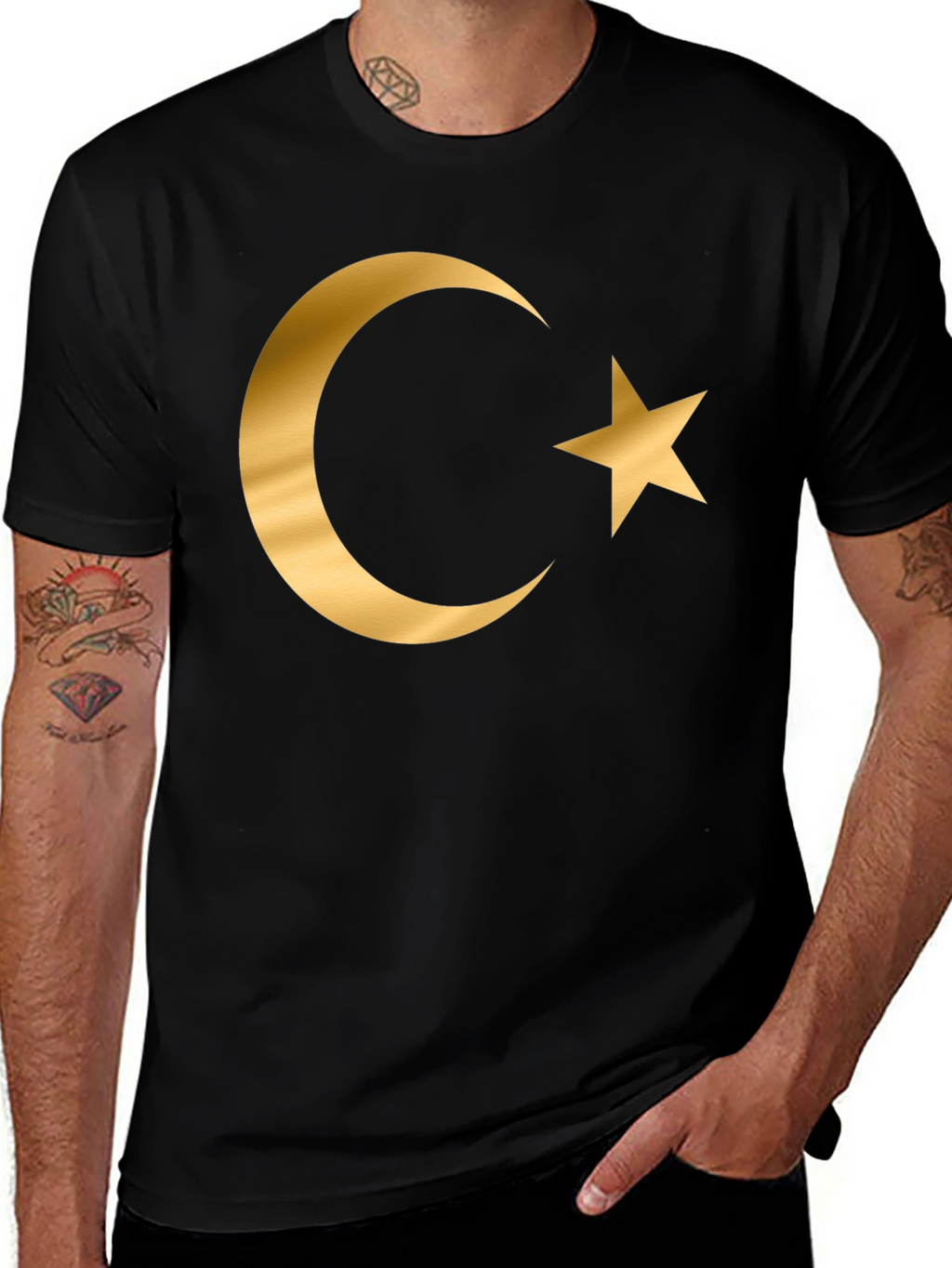 Crescent Moon Star Graphic T-Shirt - Gold Print Design