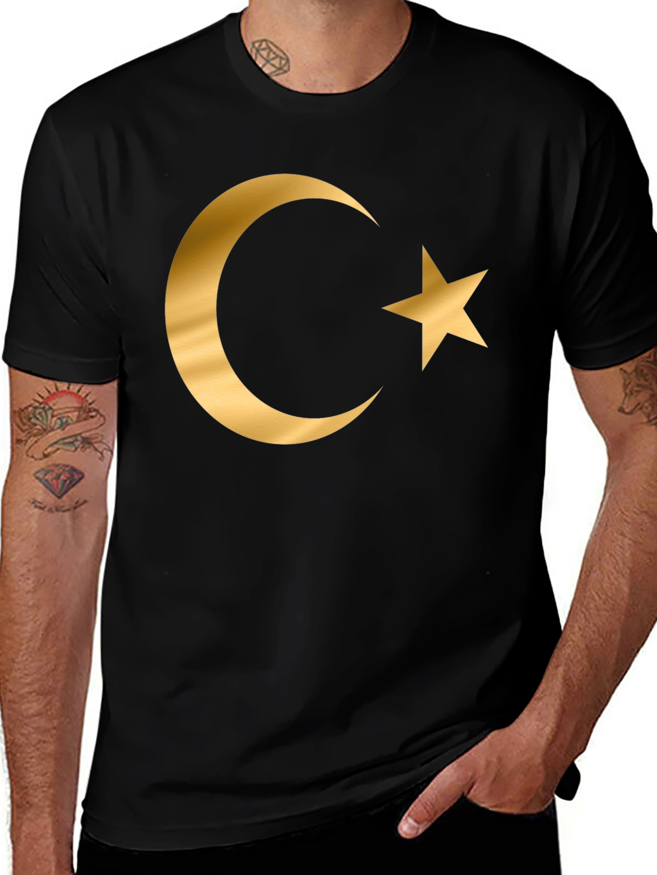 Crescent Moon Star Graphic T-Shirt - Gold Print Design
