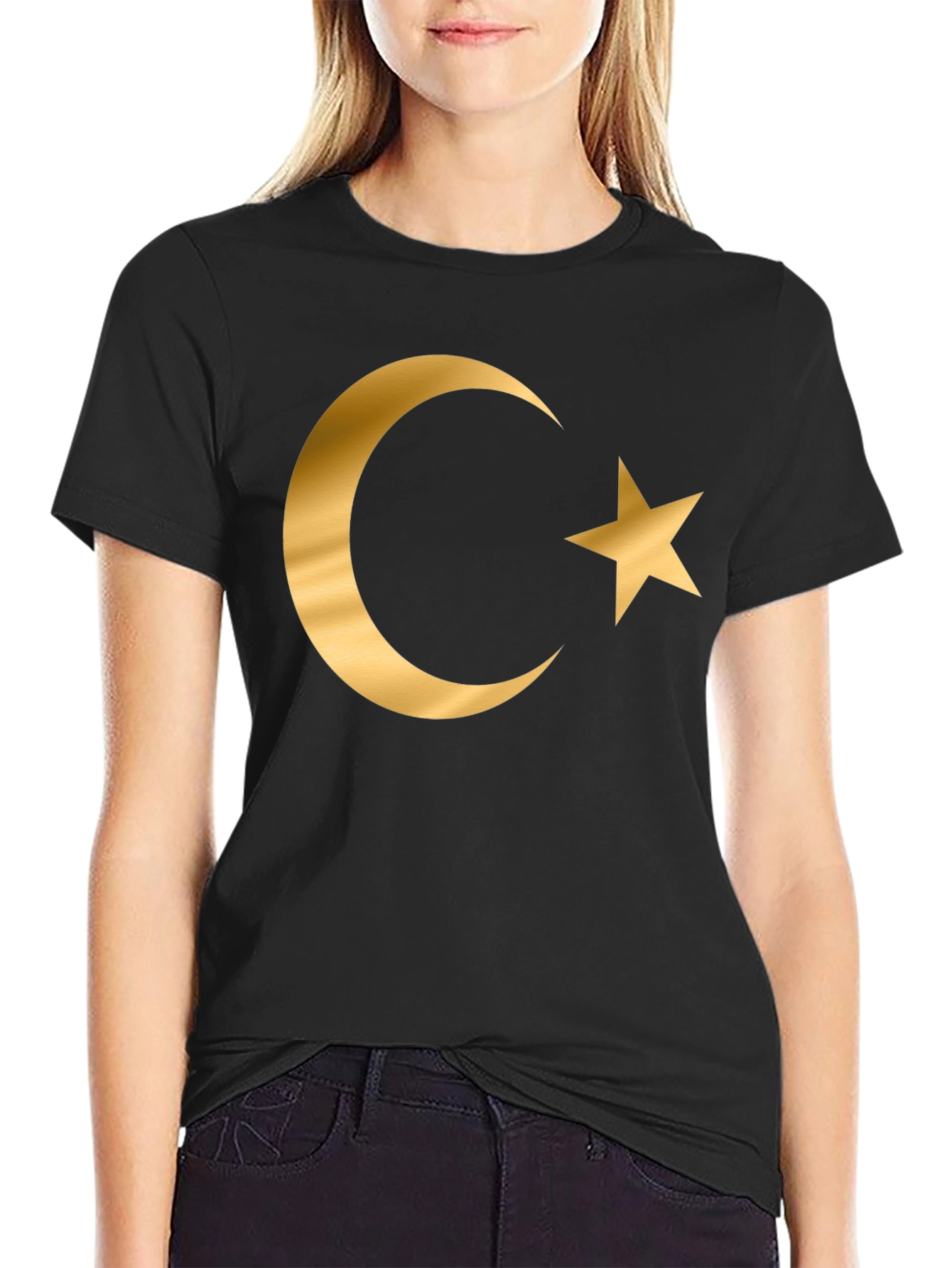 Crescent Moon Star Graphic T-Shirt - Gold Print Design