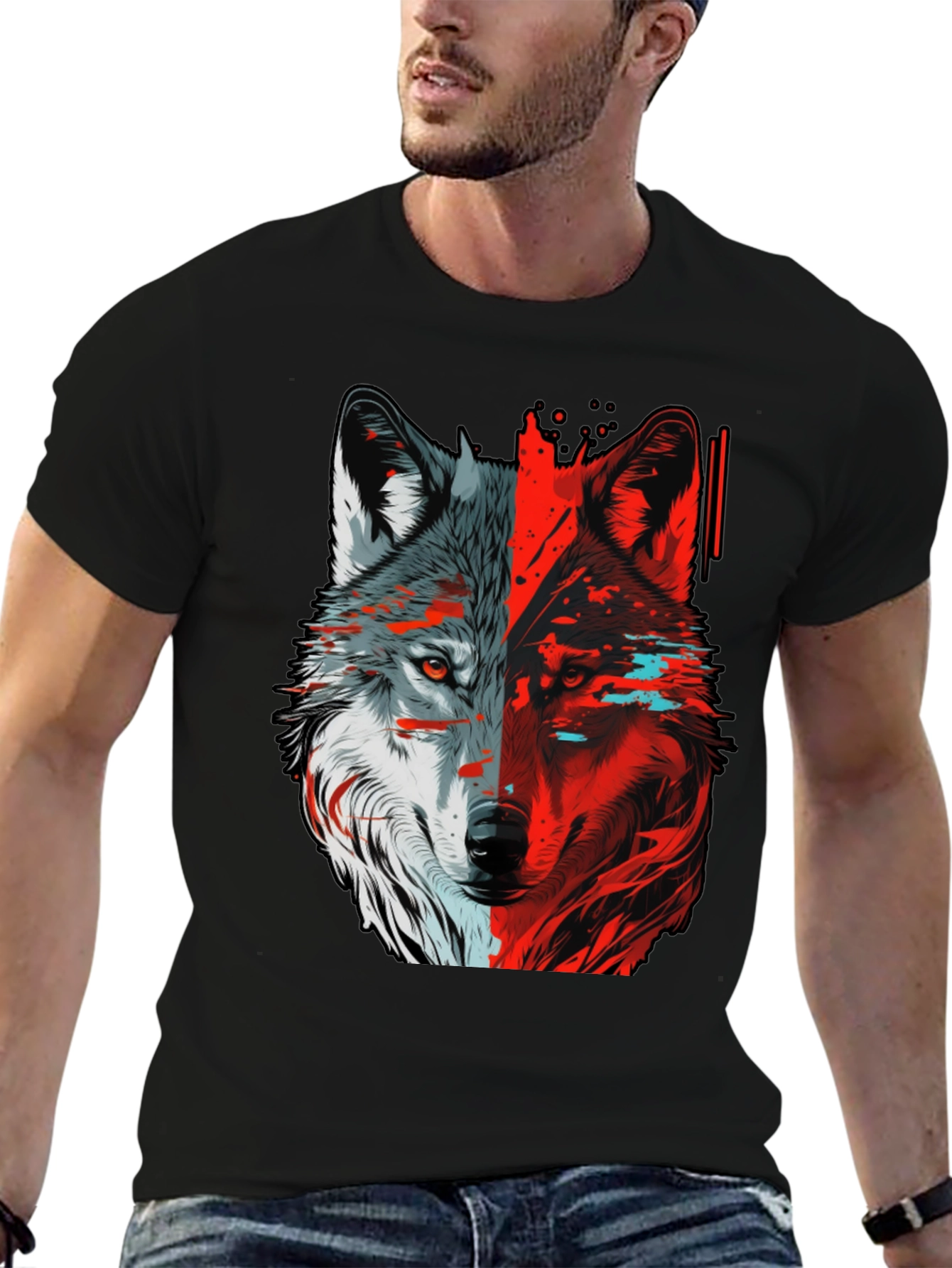 Bicolor Wolf Graphic T-Shirt - Stylish Animal Tee