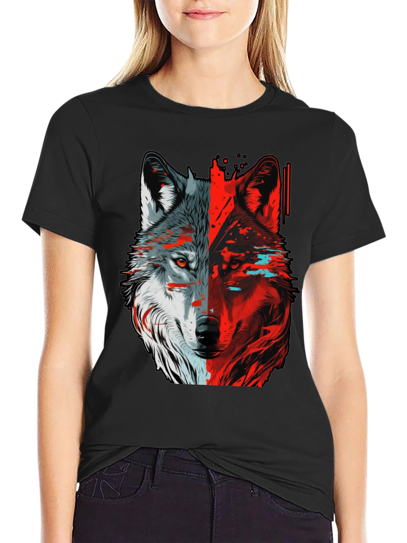 Bicolor Wolf Graphic T-Shirt - Stylish Animal Tee