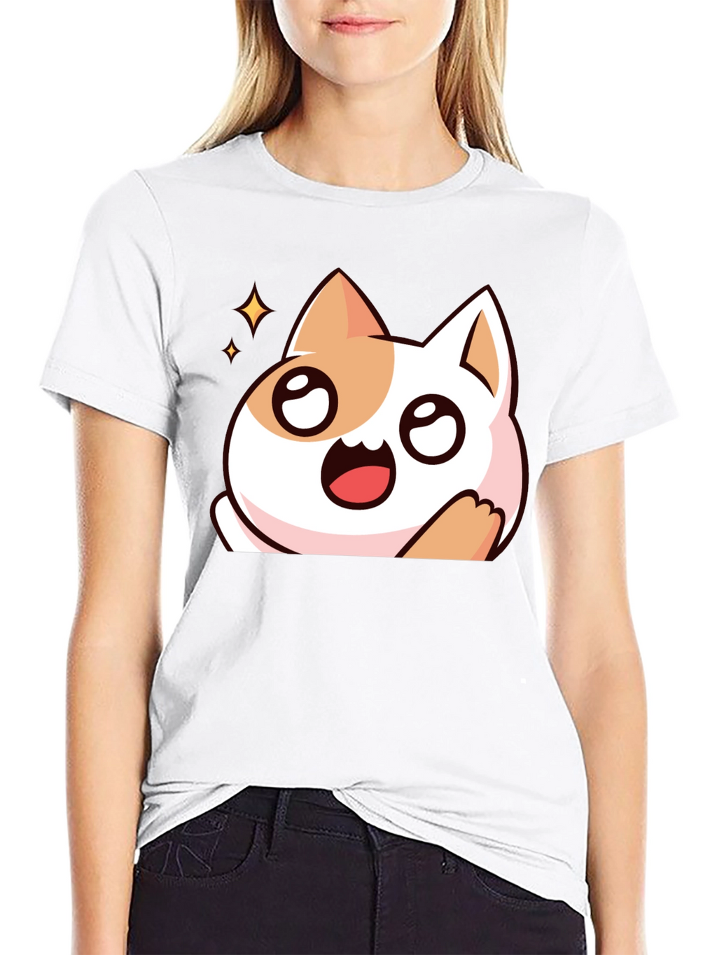 Cute Cartoon Cat Graphic Black T-Shirt