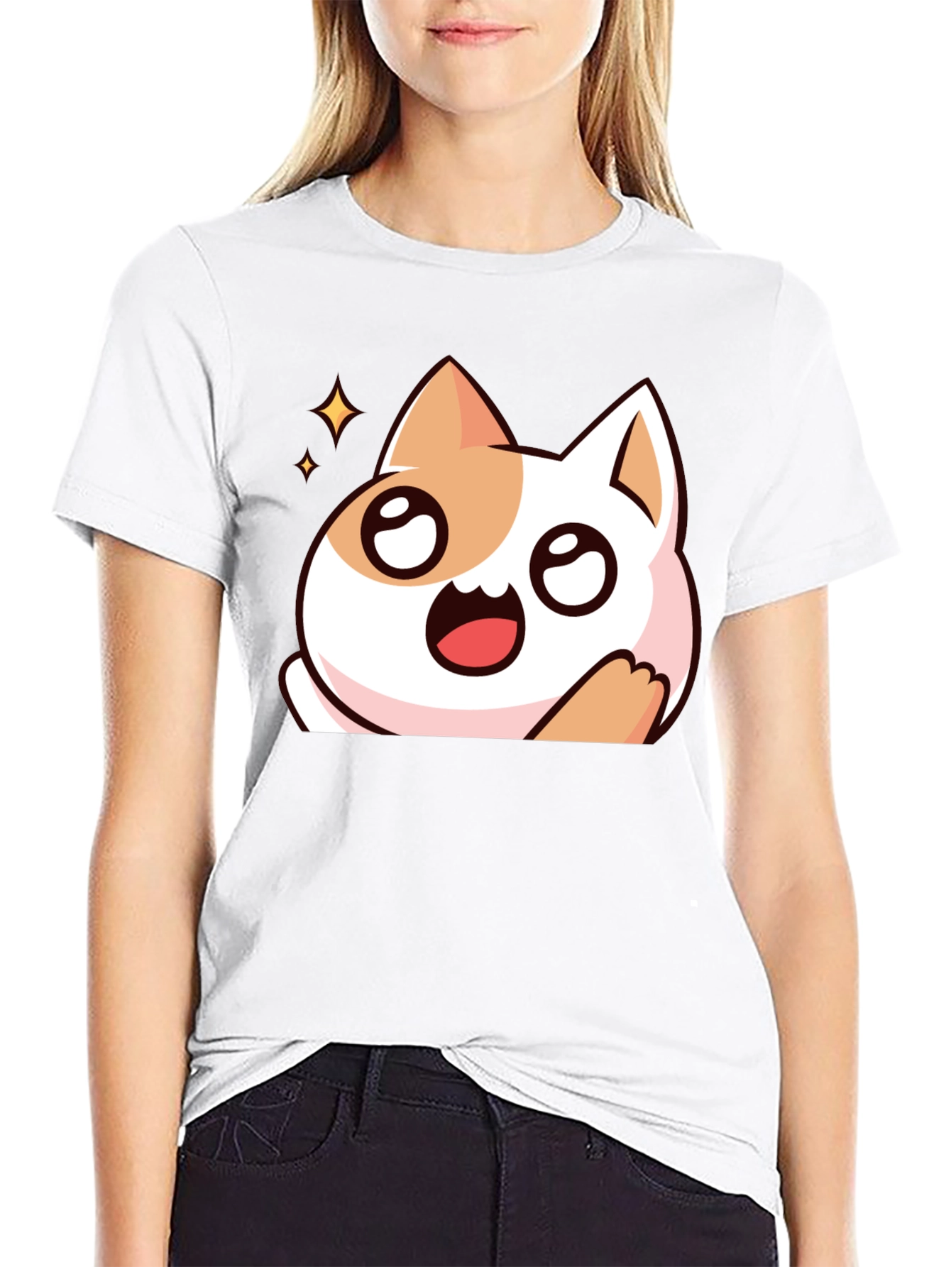 Cute Cartoon Cat Graphic Black T-Shirt