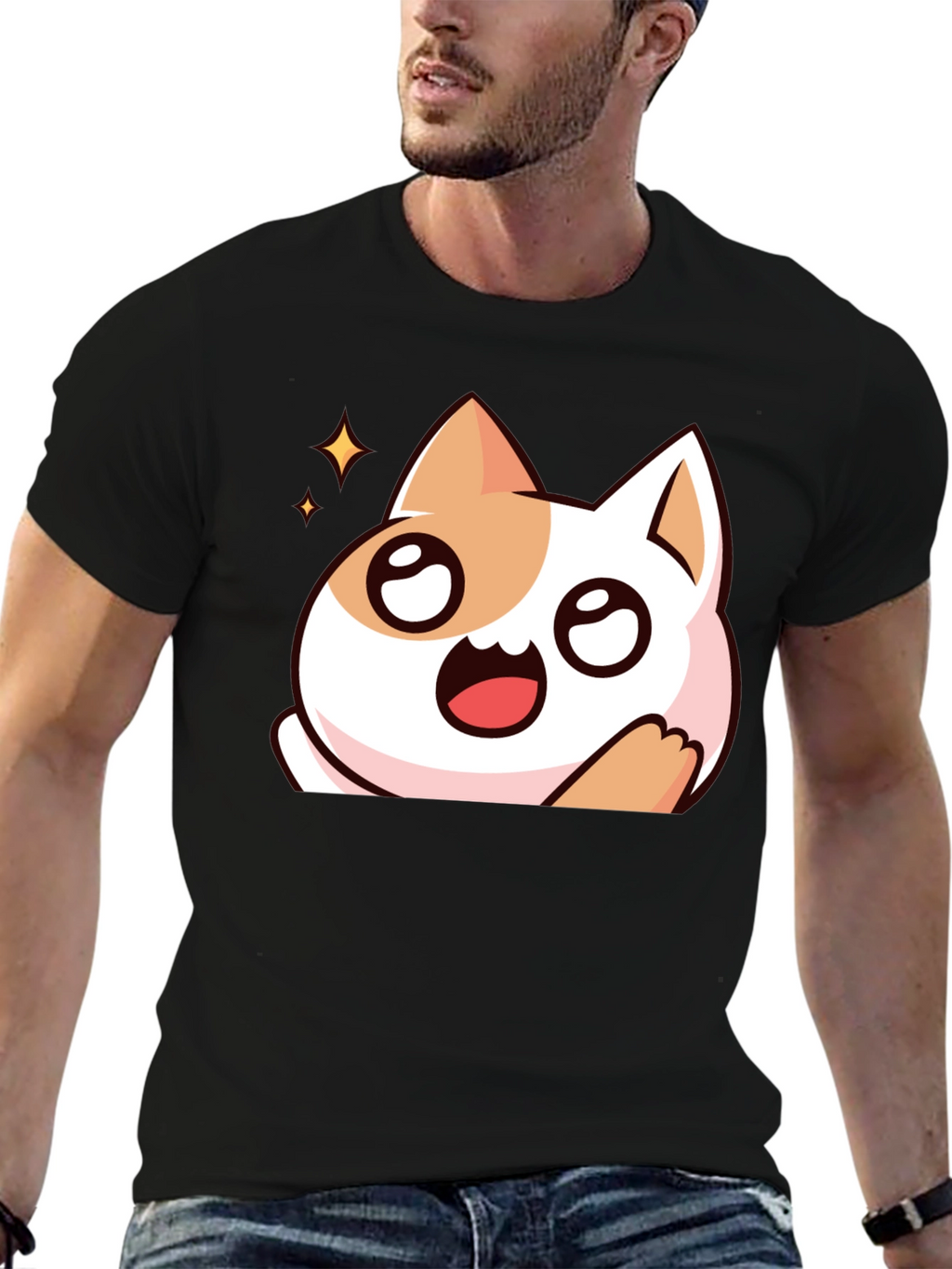 Cute Cartoon Cat Graphic Black T-Shirt