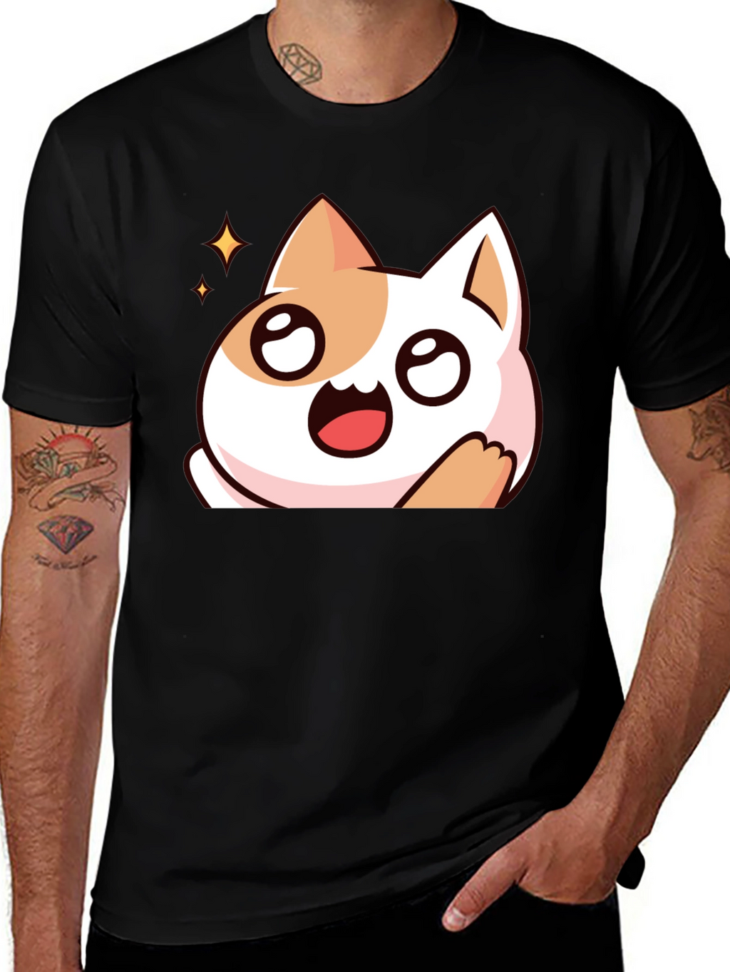 Cute Cartoon Cat Graphic Black T-Shirt