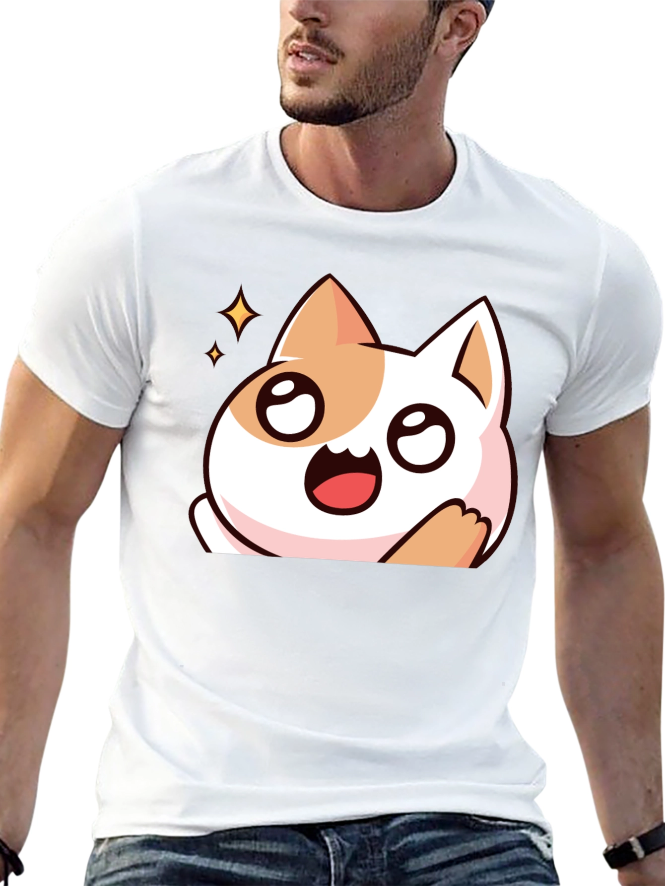 Cute Cartoon Cat Graphic Black T-Shirt