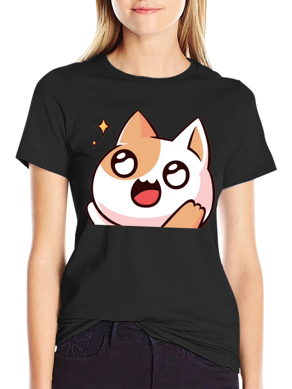 Cute Cartoon Cat Graphic Black T-Shirt
