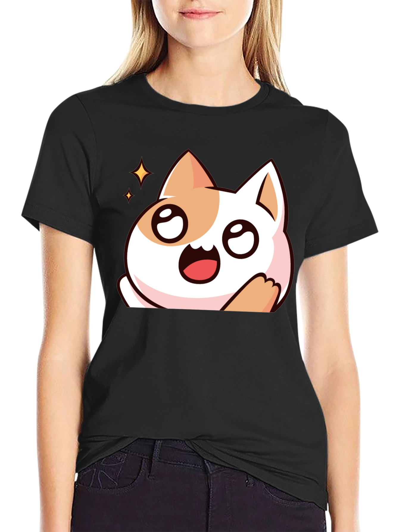 Cute Cartoon Cat Graphic Black T-Shirt