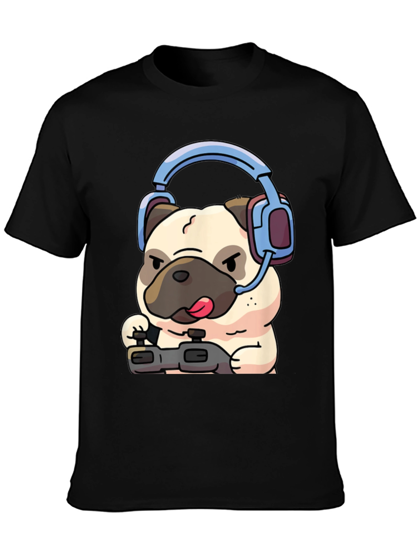 Gamer Pug T-Shirt - Black Cotton Tee with Playful Dog Design