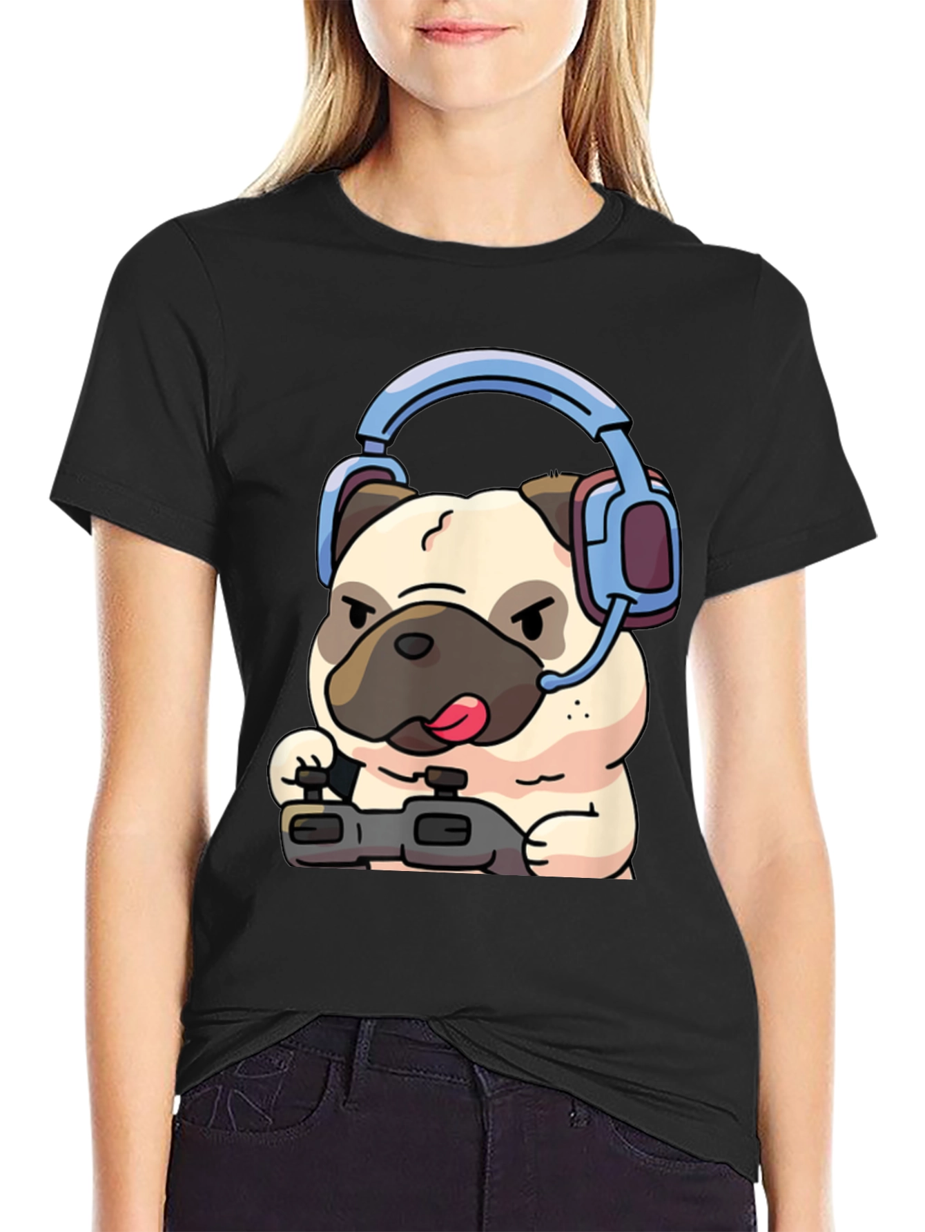 Gamer Pug T-Shirt - Black Cotton Tee with Playful Dog Design
