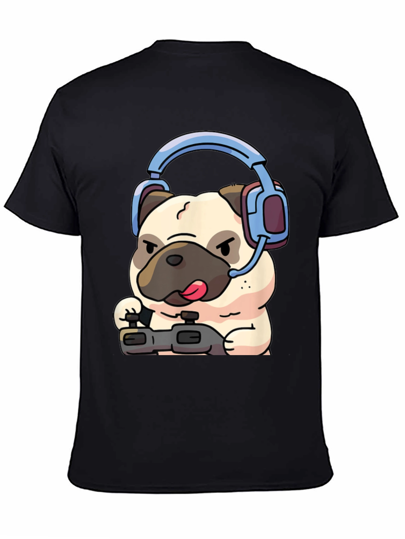 Gamer Pug T-Shirt - Black Cotton Tee with Playful Dog Design
