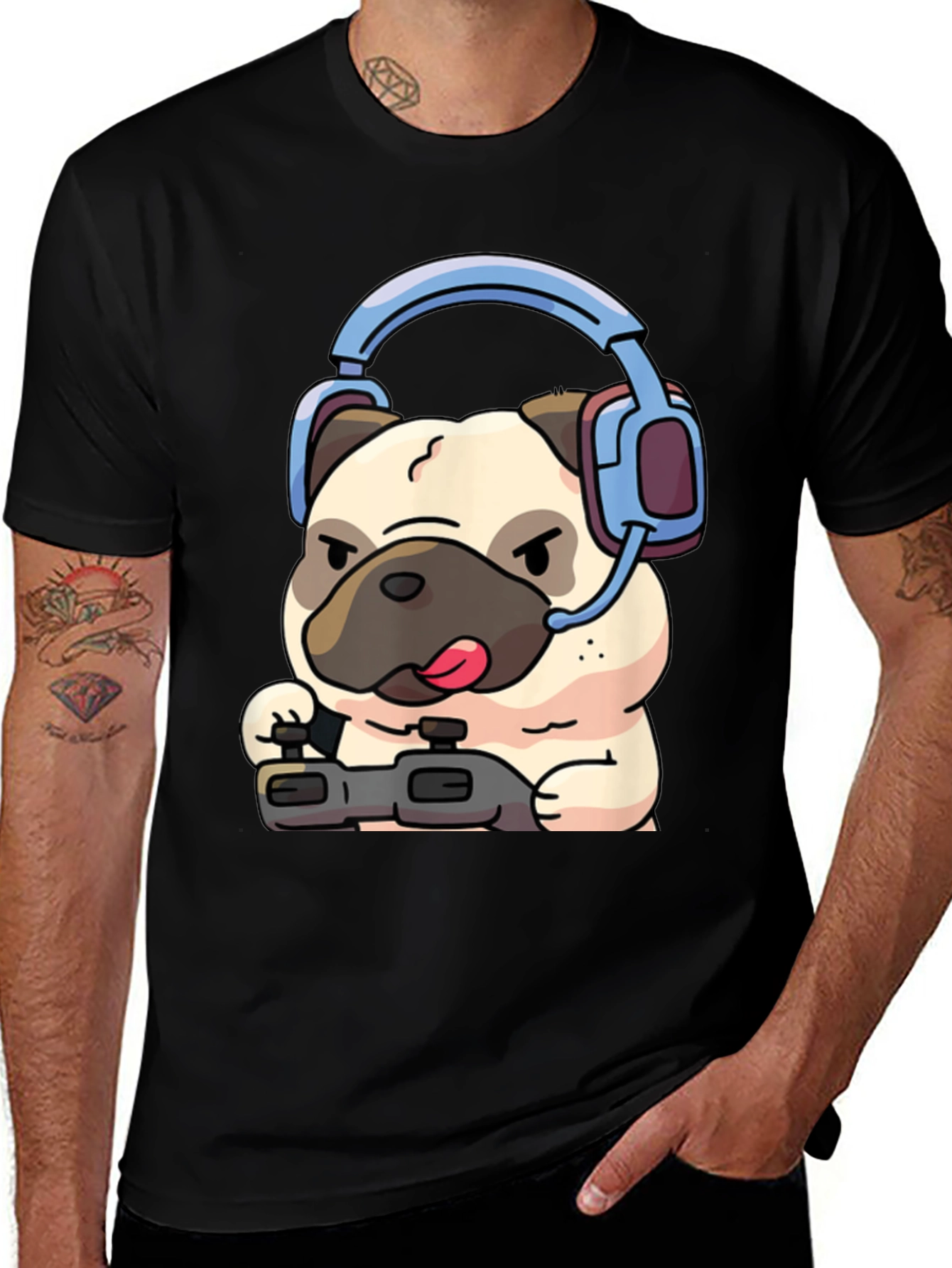 Gamer Pug T-Shirt - Black Cotton Tee with Playful Dog Design