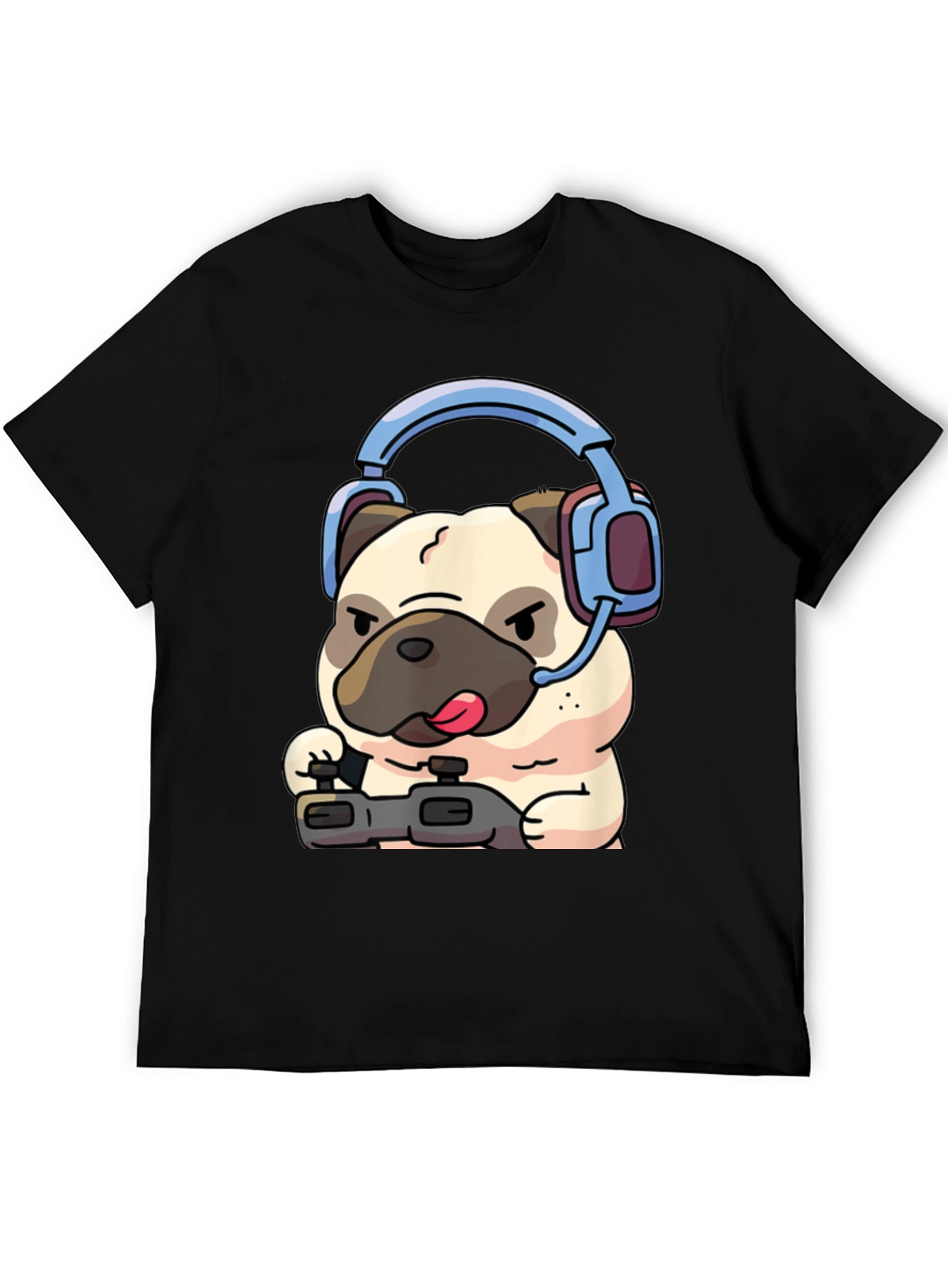 Gamer Pug T-Shirt - Black Cotton Tee with Playful Dog Design