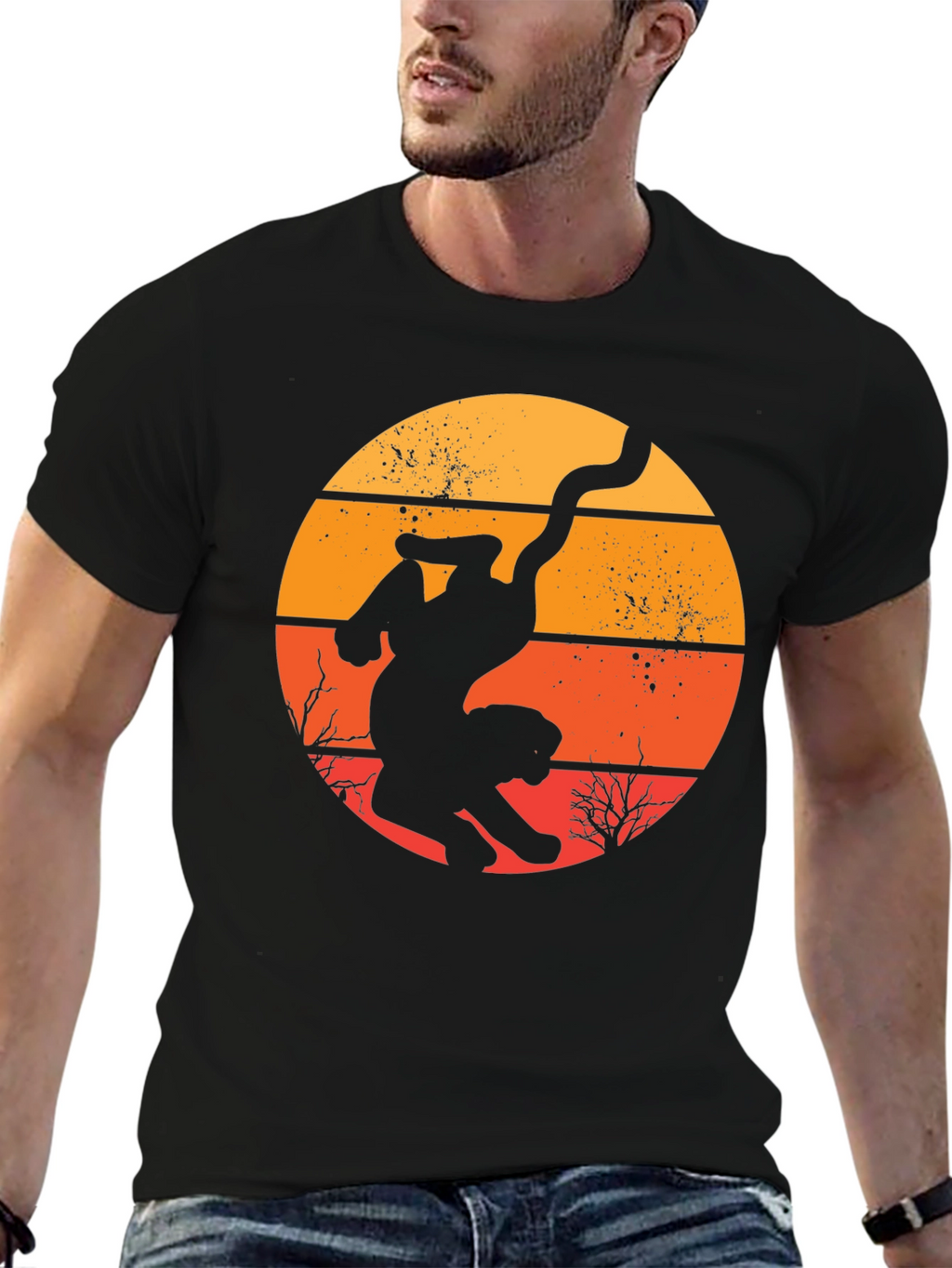 Retro Cat Silhouette Graphic T-Shirt - Black