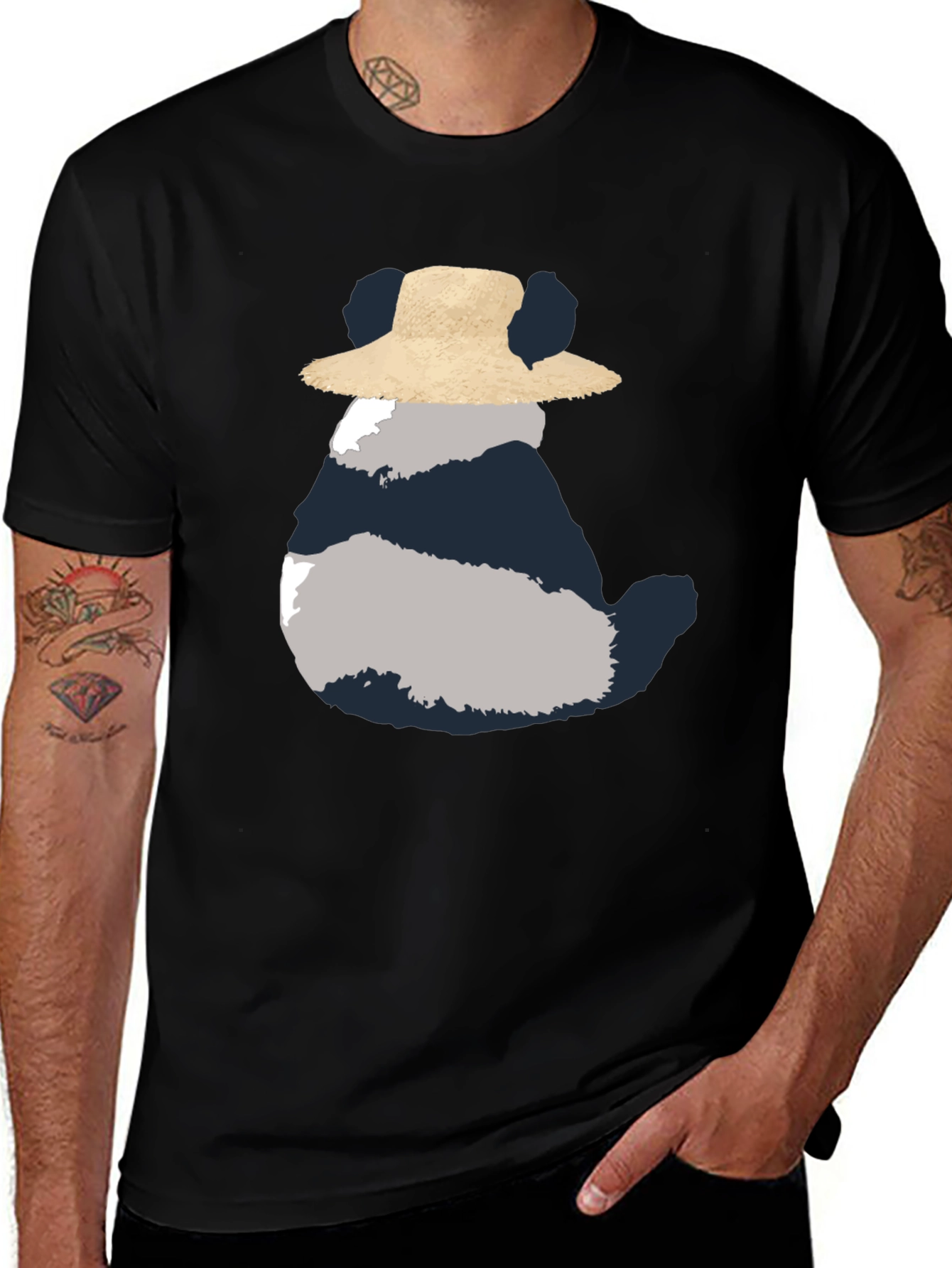 Whimsical Panda in Hat Mens Black Tee