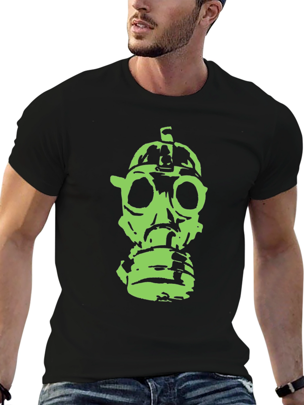 Green Gas Mask Graphic Black T-Shirt