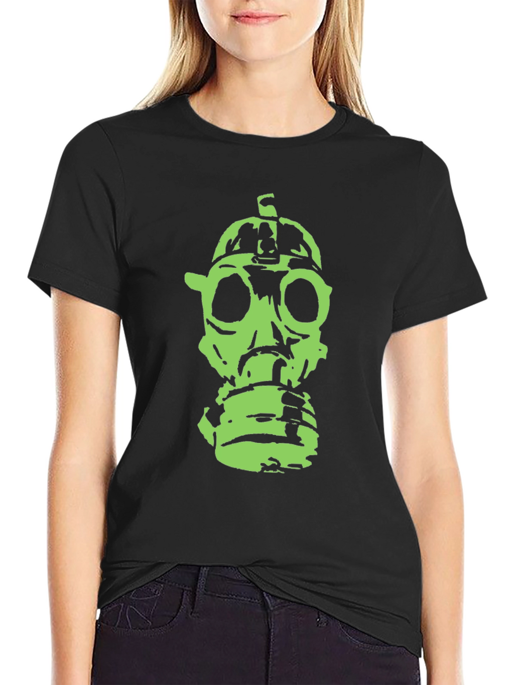 Green Gas Mask Graphic Black T-Shirt
