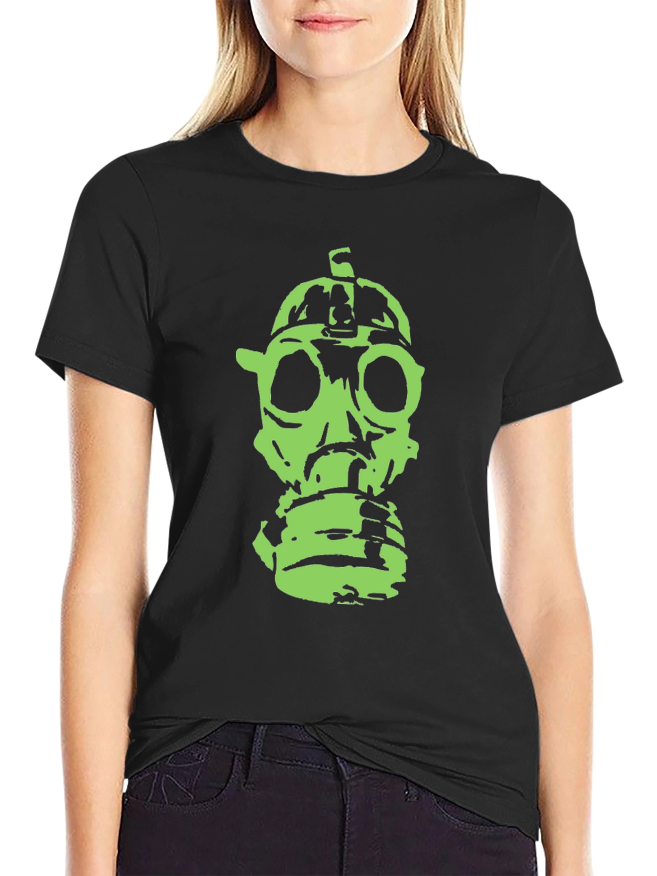 Green Gas Mask Graphic Black T-Shirt