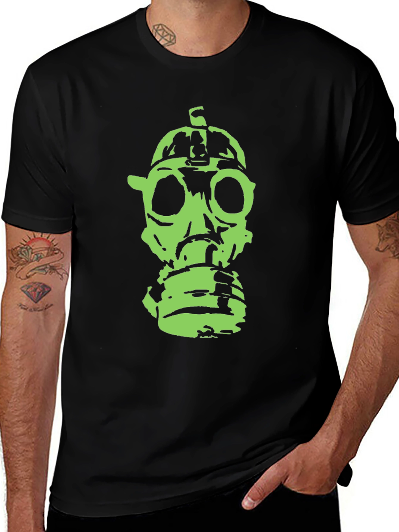 Green Gas Mask Graphic Black T-Shirt