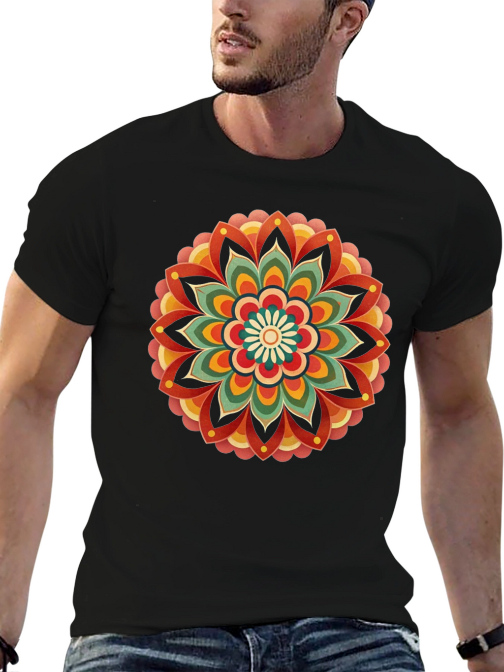 Retro Mandala Graphic Tee - Black Cotton Comfort
