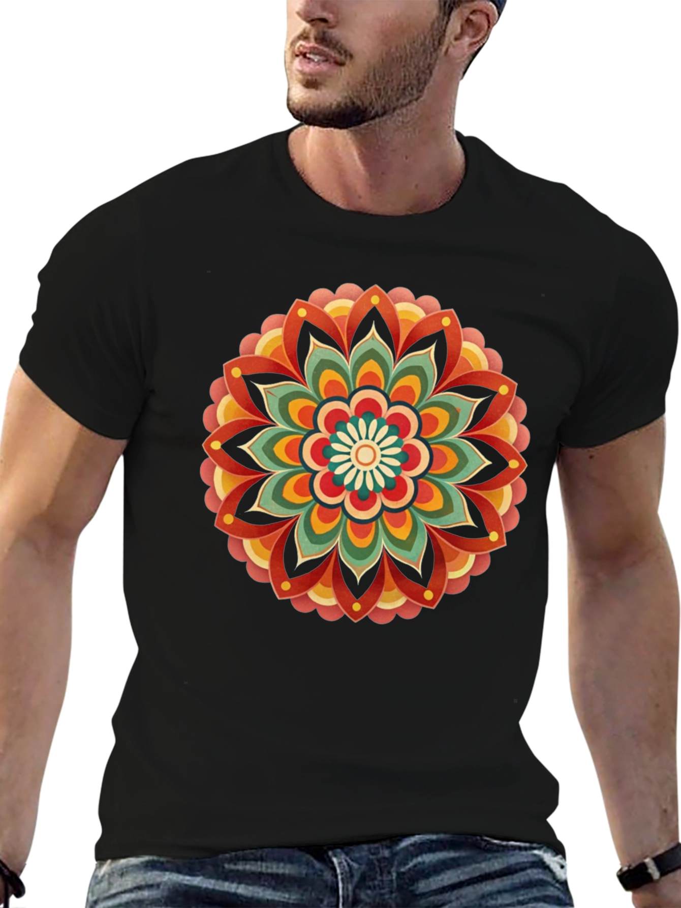 Retro Mandala Graphic Tee - Black Cotton Comfort