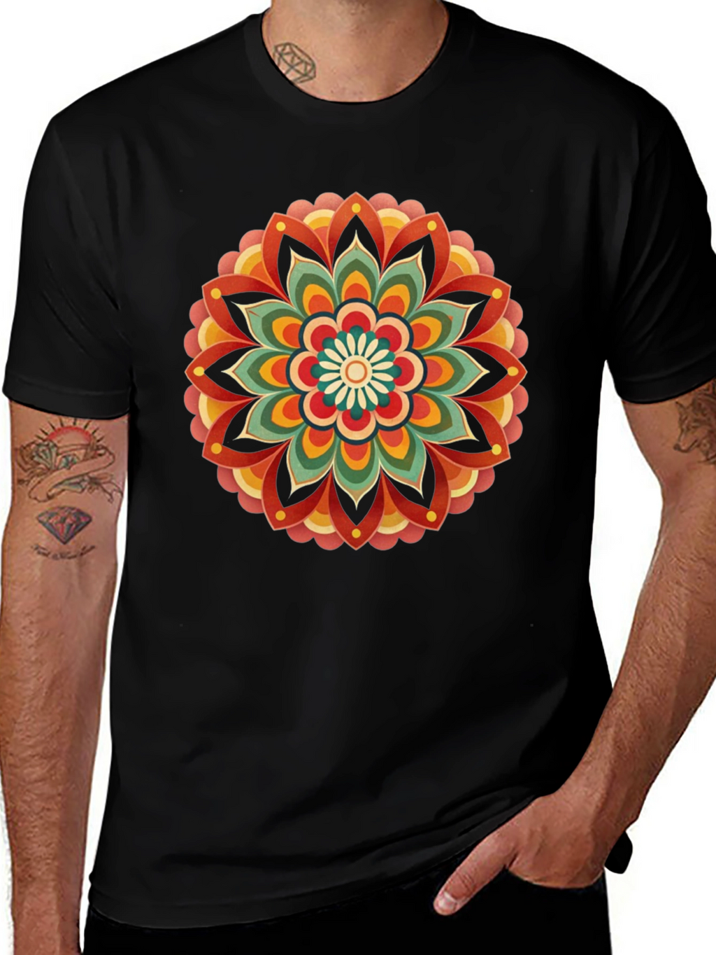 Retro Mandala Graphic Tee - Black Cotton Comfort