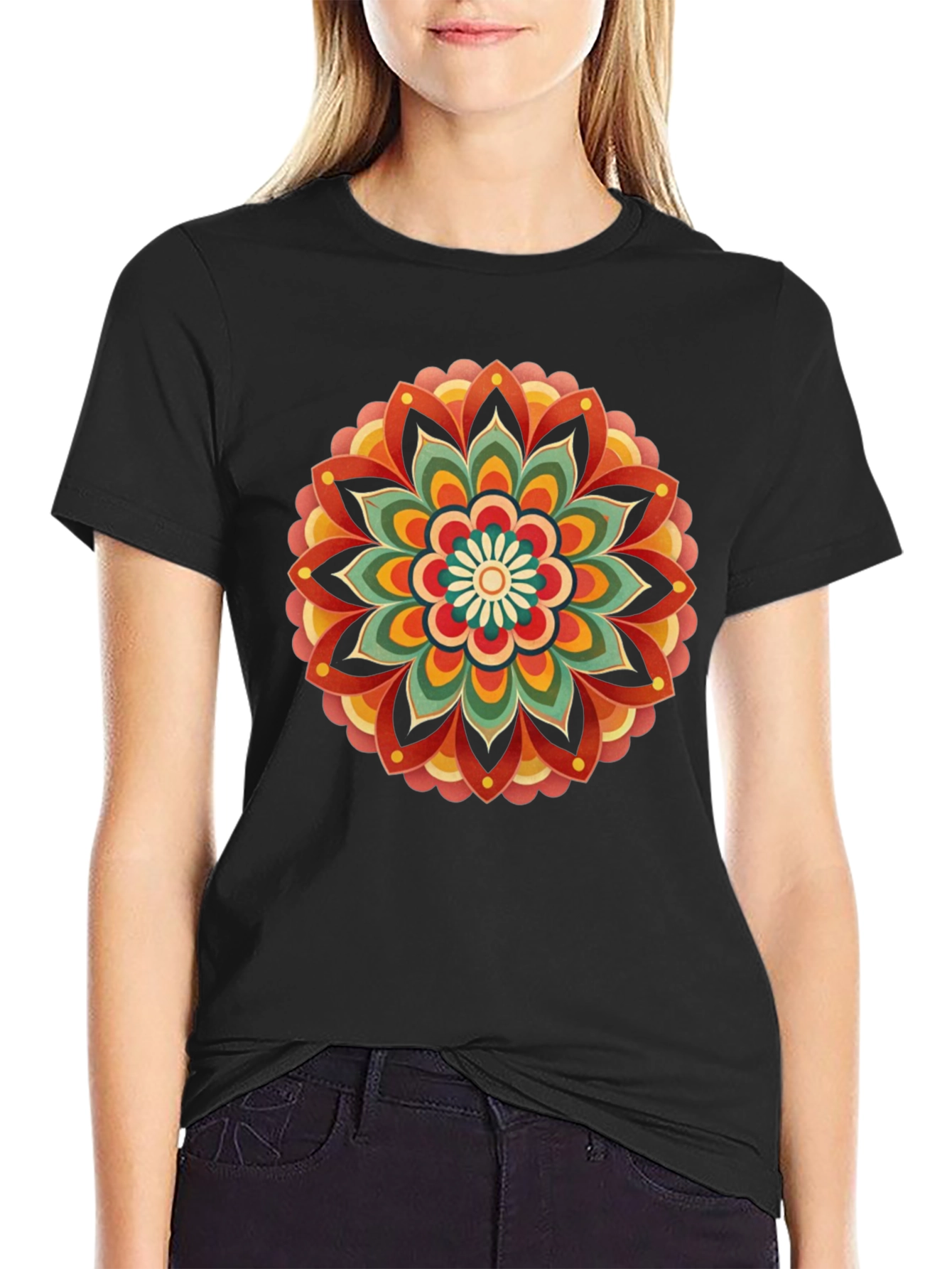 Retro Mandala Graphic Tee - Black Cotton Comfort