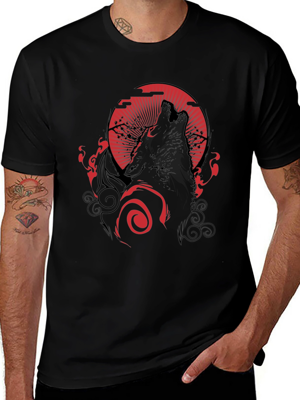 Wolf Howling at Red Moon Graphic Black Tee