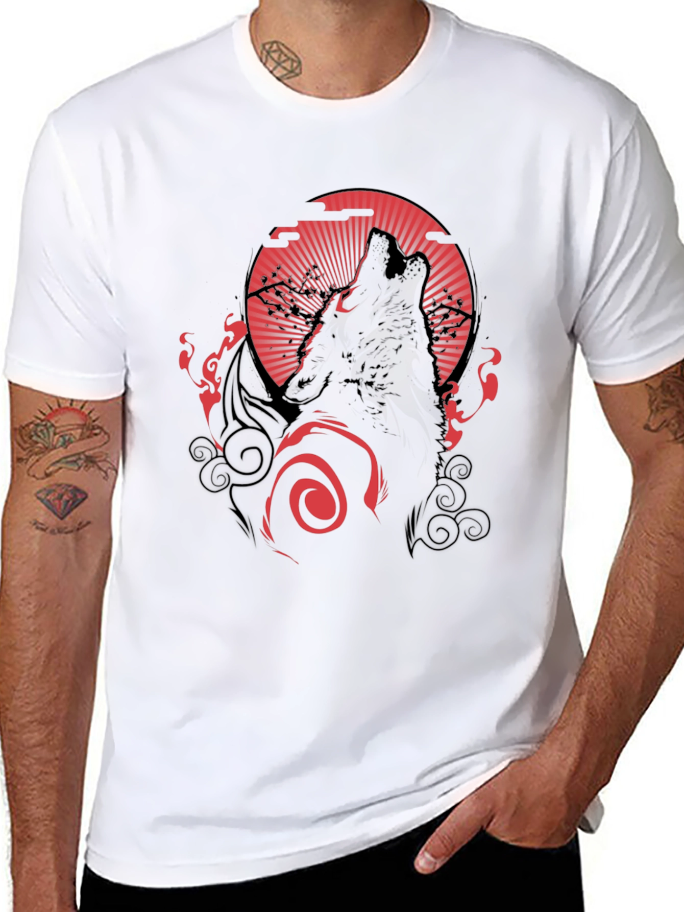 Wolf Howling at Red Moon Graphic Black Tee
