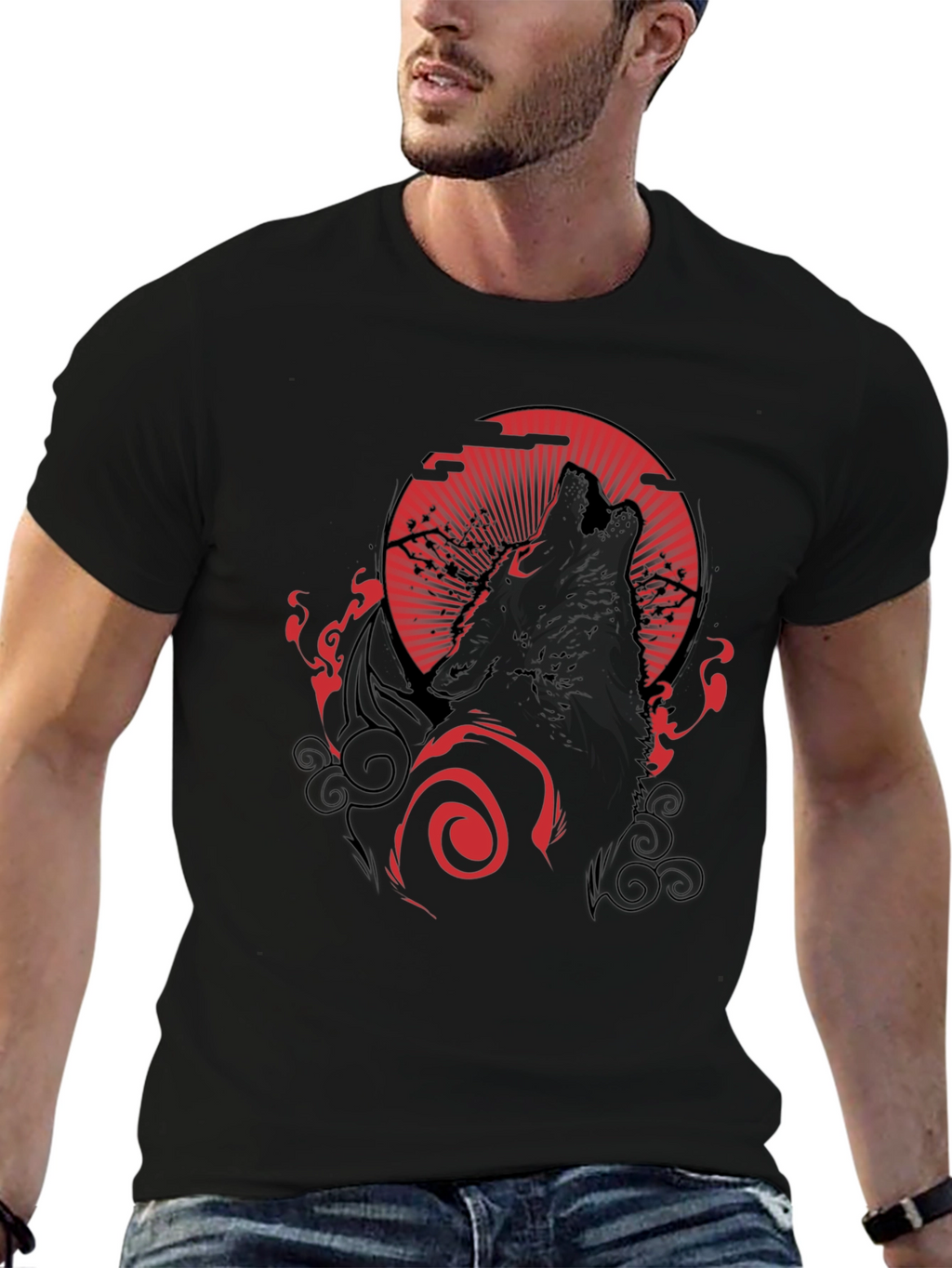 Wolf Howling at Red Moon Graphic Black Tee
